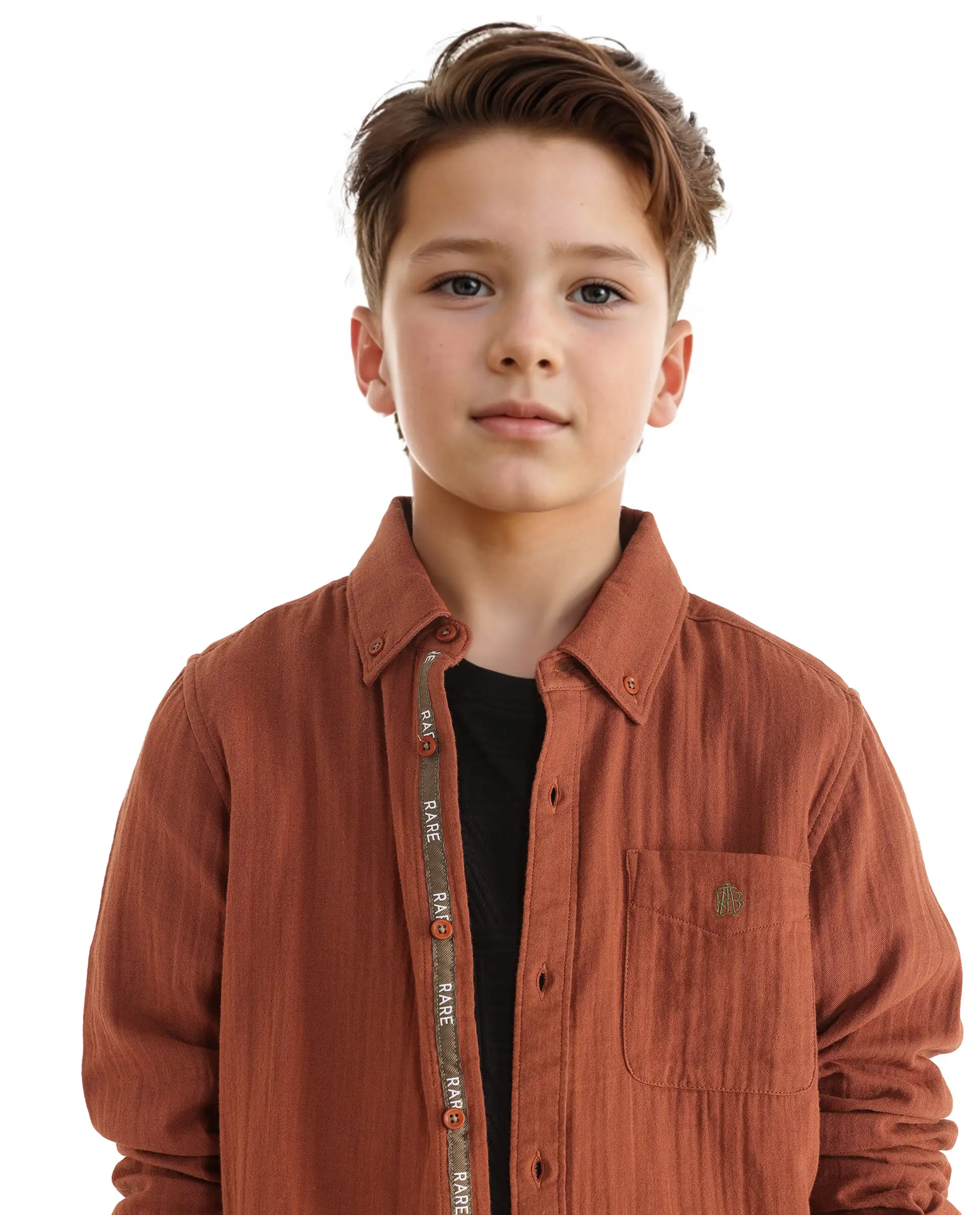 Rare Ones Kids Presto Brown Cotton Full Sleeve Regular Fit Button Down Solid Shirt - Image 4