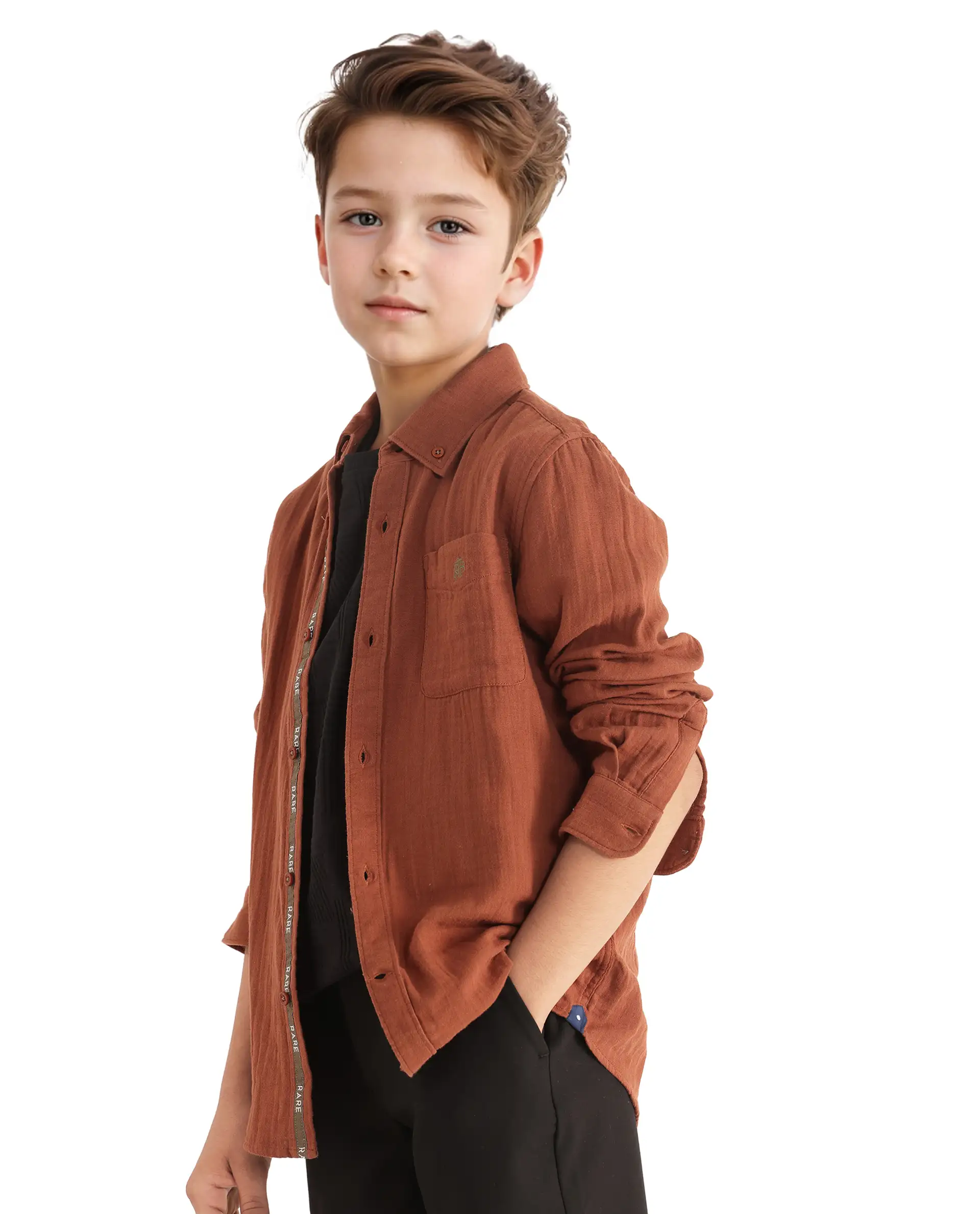 Rare Ones Kids Presto Brown Cotton Full Sleeve Regular Fit Button Down Solid Shirt - Image 5