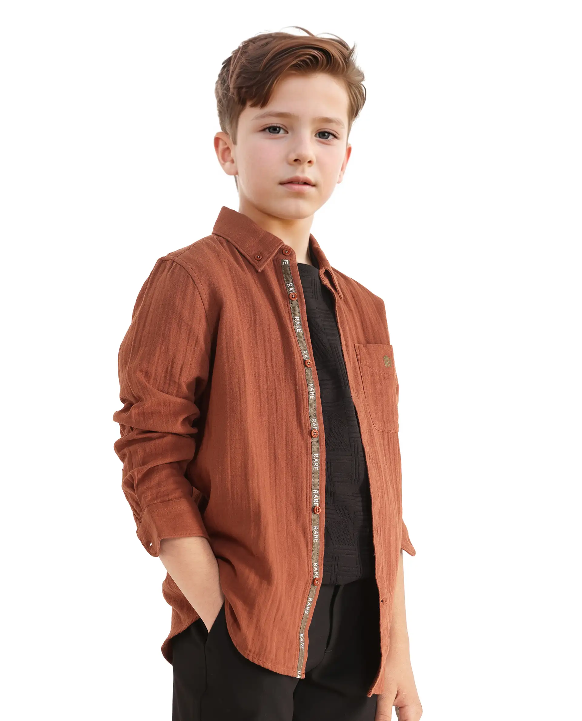 Rare Ones Kids Presto Brown Cotton Full Sleeve Regular Fit Button Down Solid Shirt - Image 6