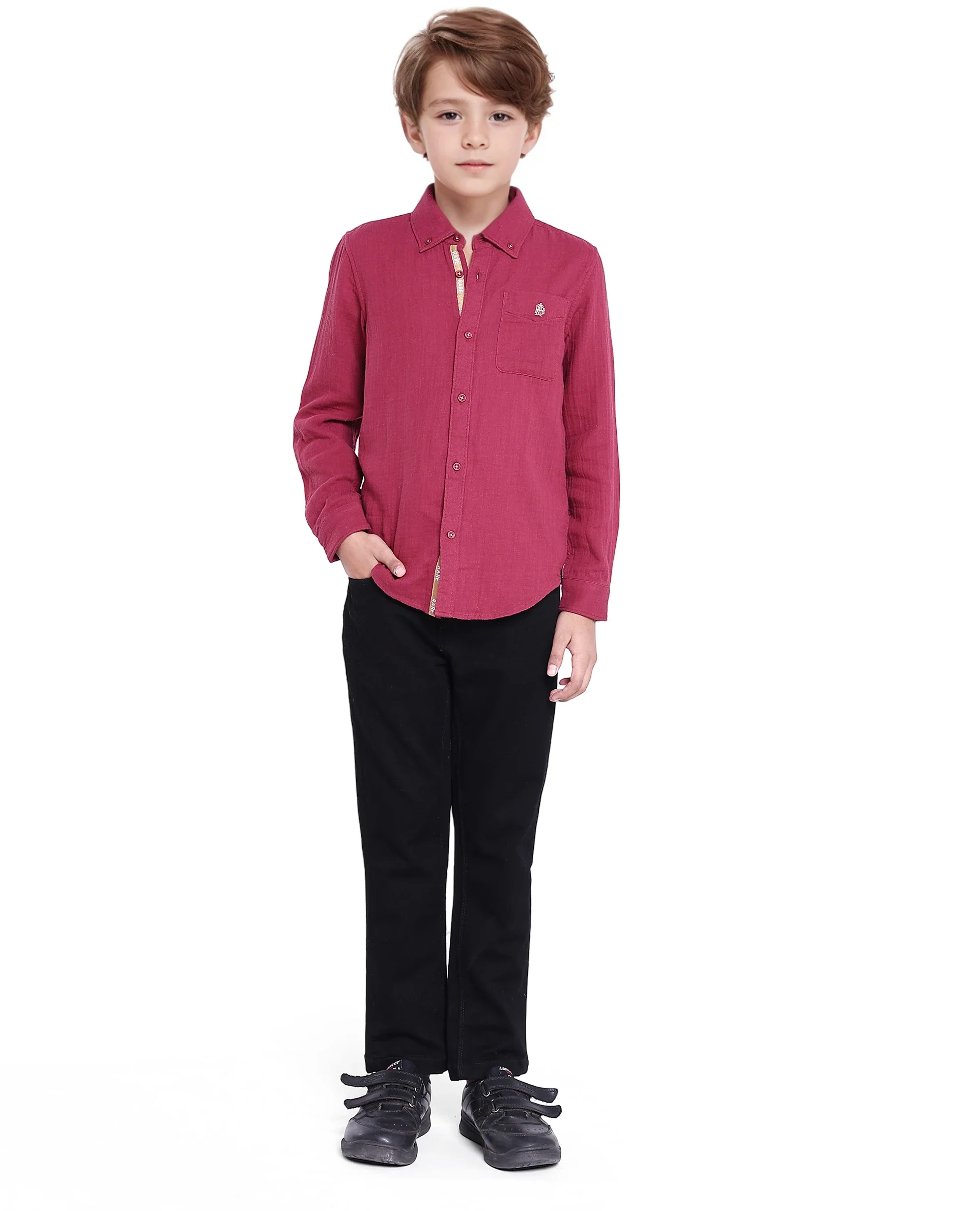 Rare Ones Kids Presto Maroon Cotton Full Sleeve Regular Fit Button Down Solid Shirt - Image 2