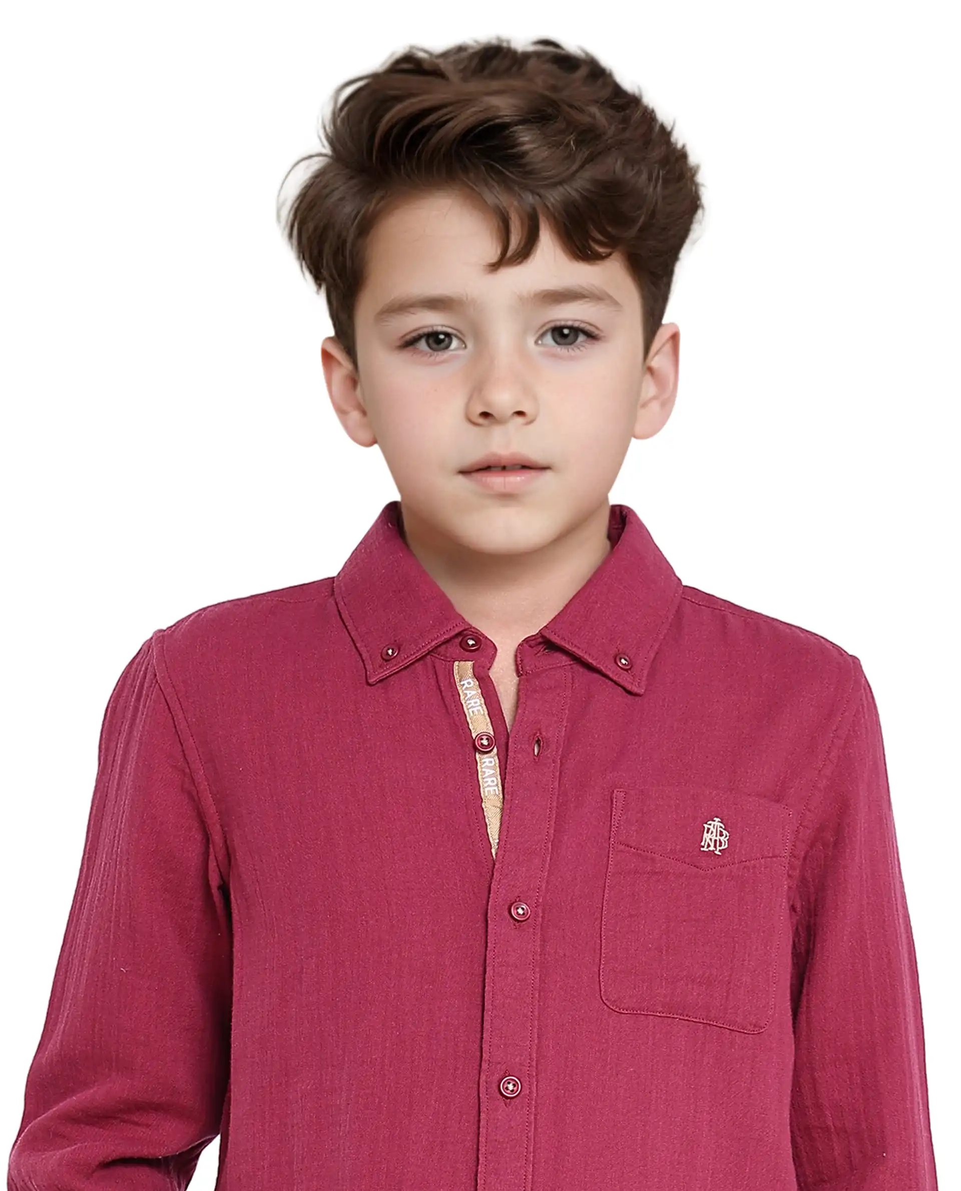 Rare Ones Kids Presto Maroon Cotton Full Sleeve Regular Fit Button Down Solid Shirt - Image 3