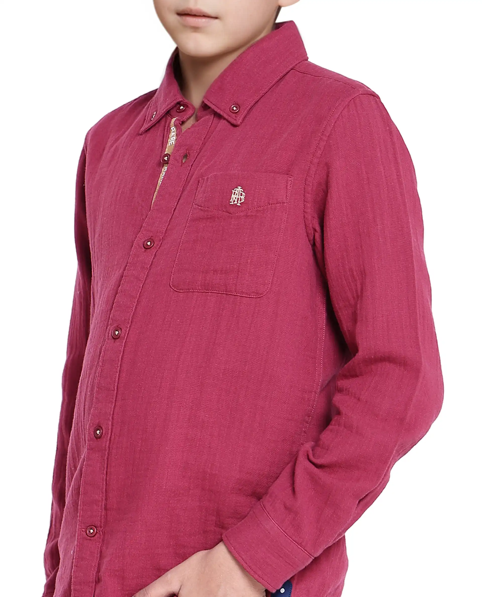Rare Ones Kids Presto Maroon Cotton Full Sleeve Regular Fit Button Down Solid Shirt - Image 4