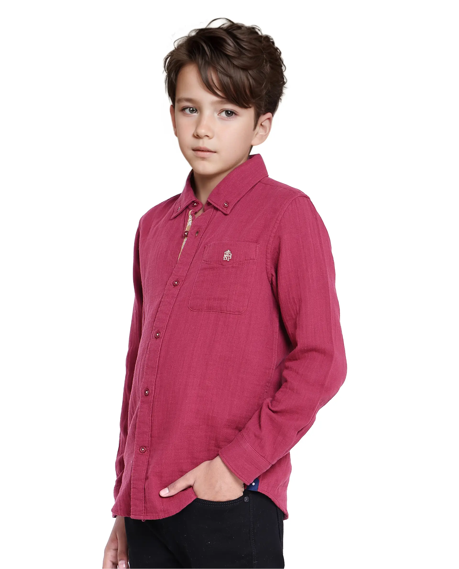 Rare Ones Kids Presto Maroon Cotton Full Sleeve Regular Fit Button Down Solid Shirt - Image 5