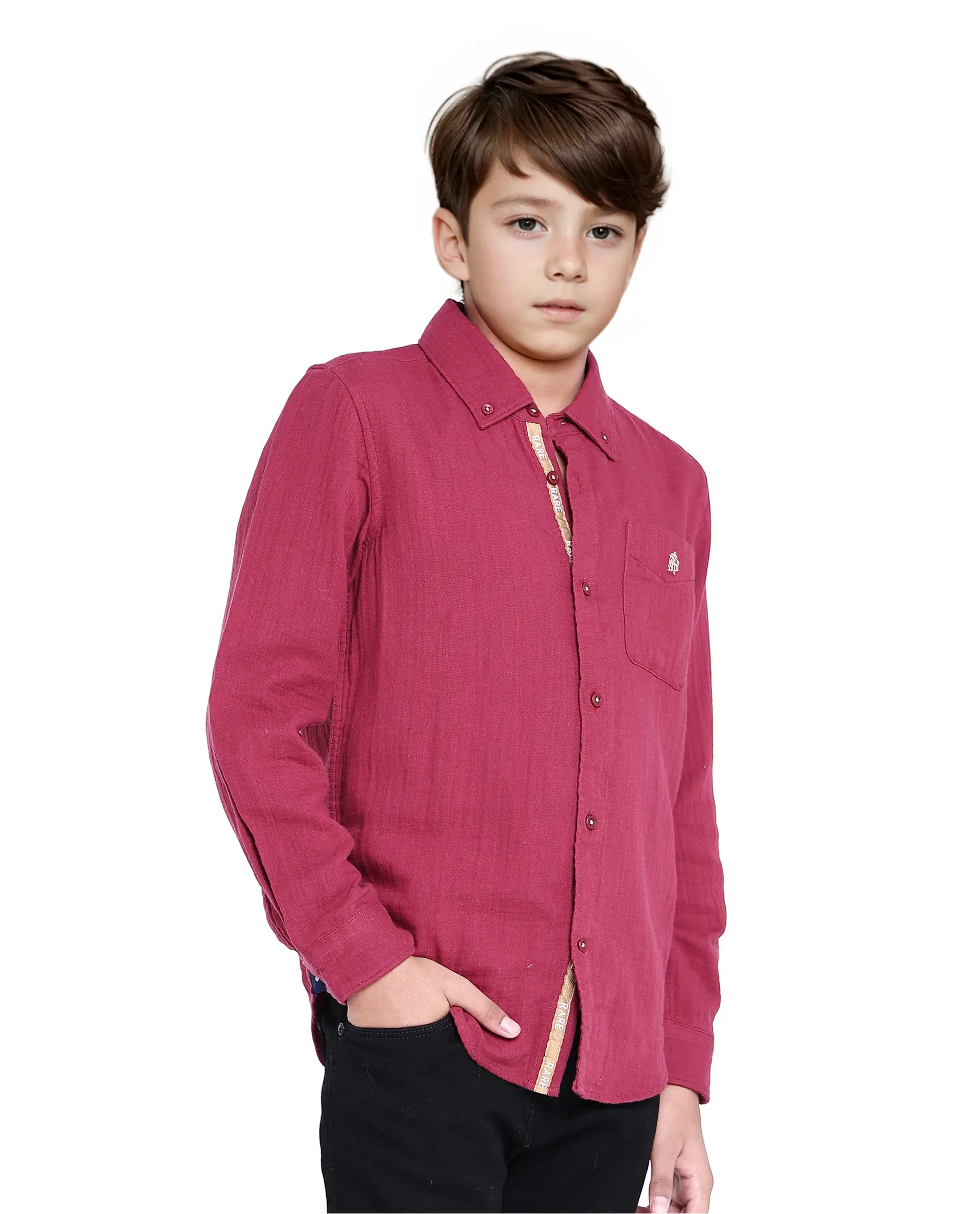 Rare Ones Kids Presto Maroon Cotton Full Sleeve Regular Fit Button Down Solid Shirt - Image 6