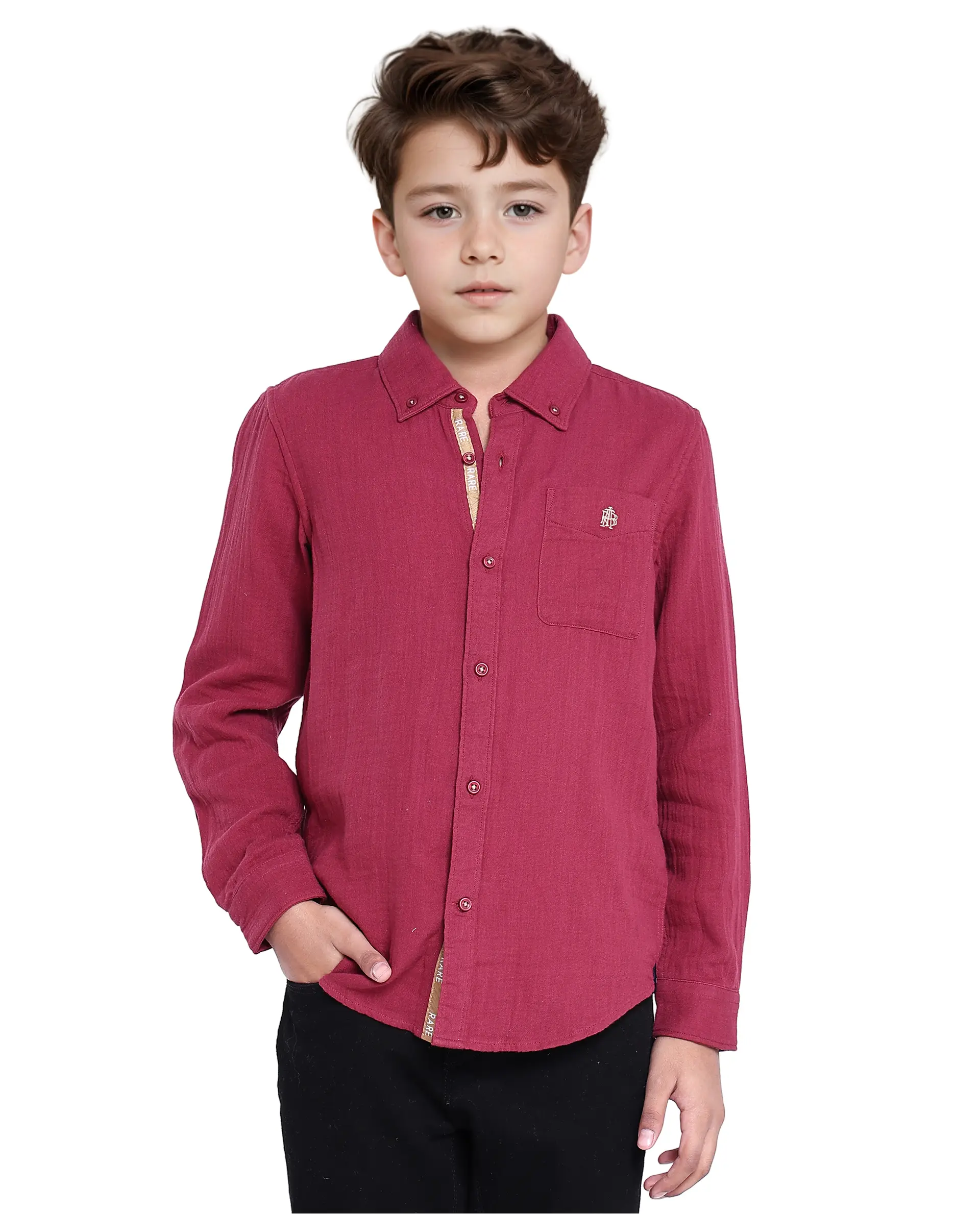 Rare Ones Kids Presto Maroon Cotton Full Sleeve Regular Fit Button Down Solid Shirt - Image 8