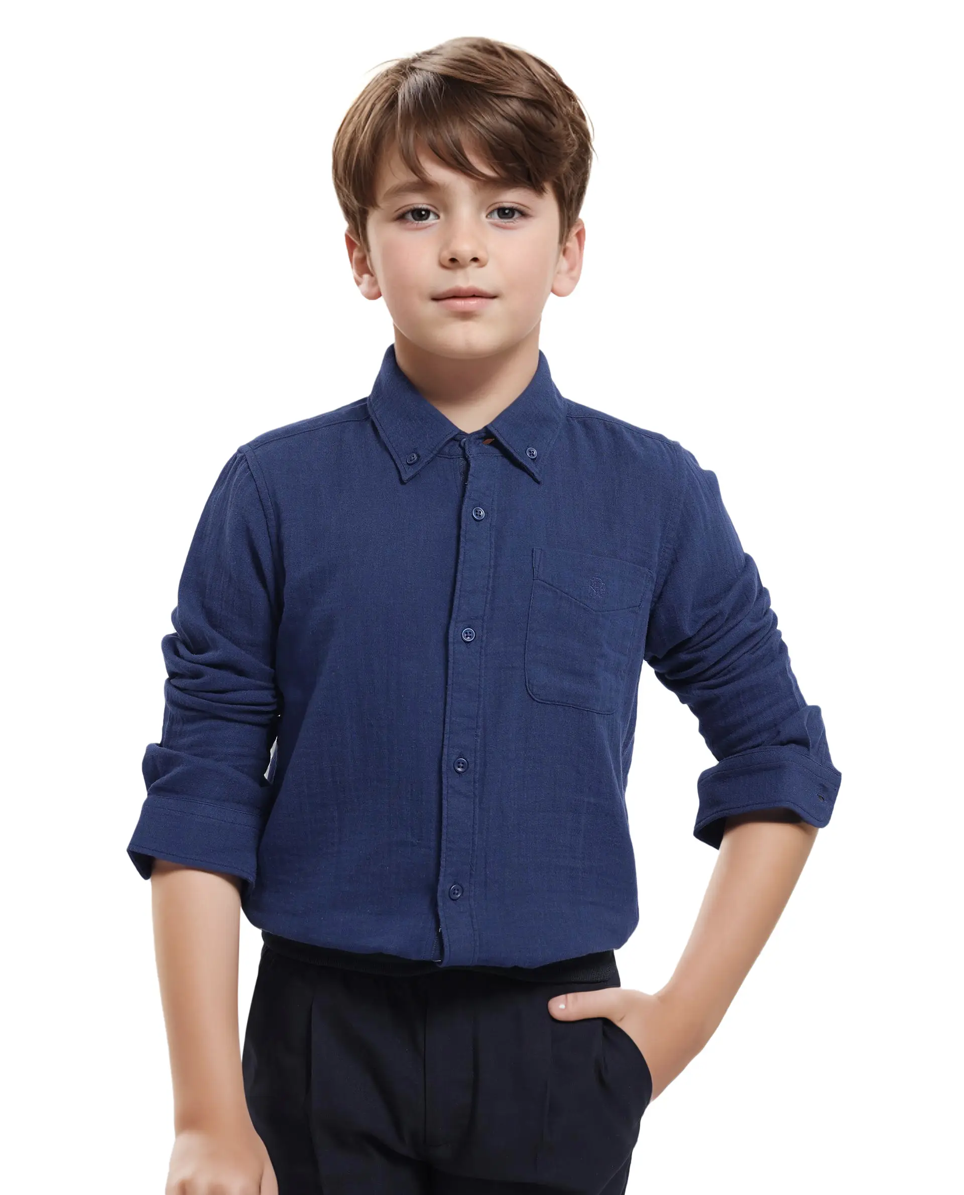 Rare Ones Kids Presto Navy Cotton Full Sleeve Regular Fit Button Down Solid Shirt - Image 3