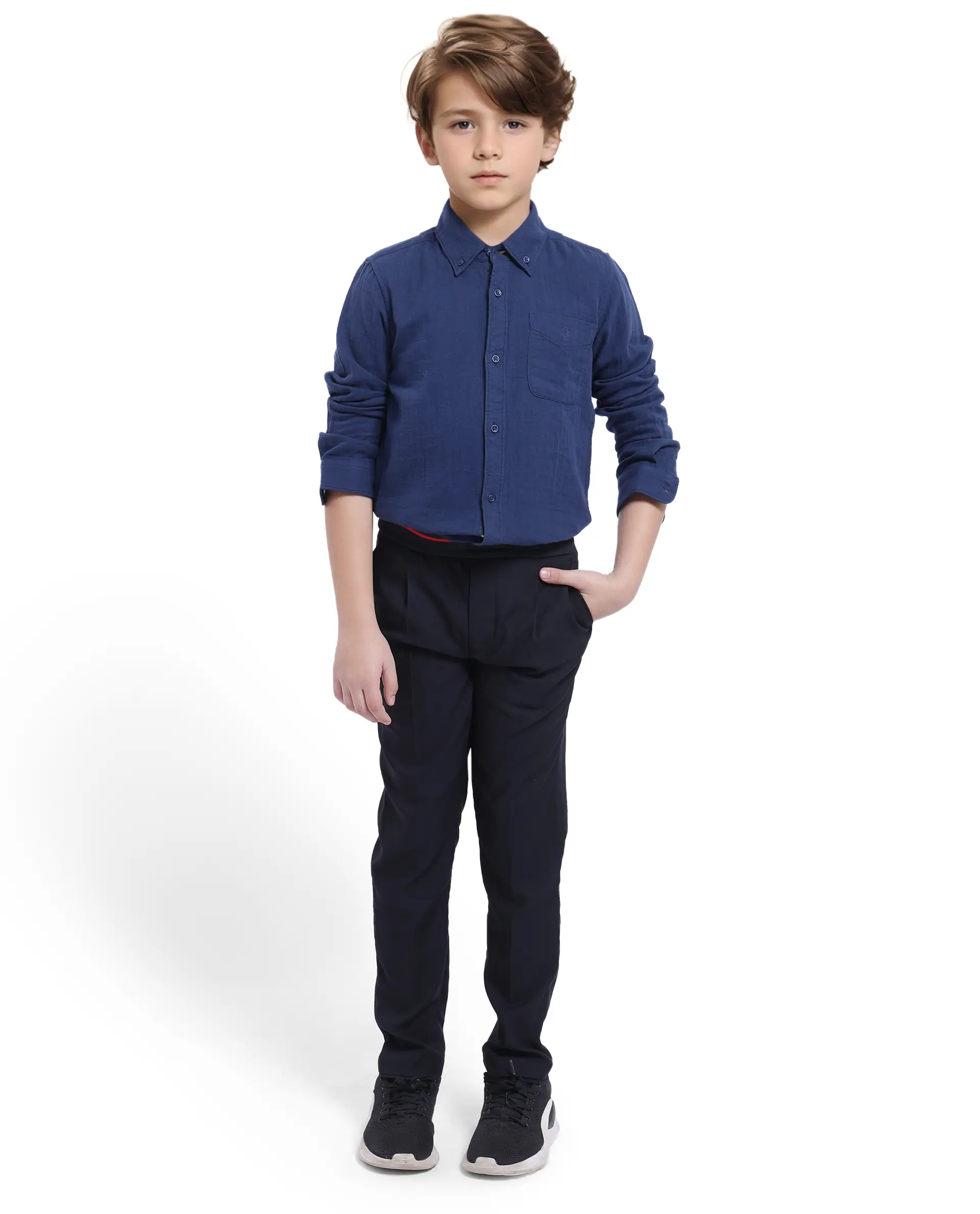 Rare Ones Kids Presto Navy Cotton Full Sleeve Regular Fit Button Down Solid Shirt - Image 5