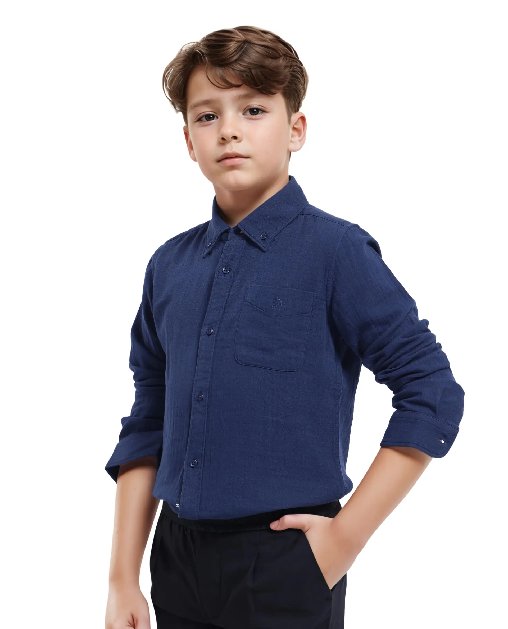 Rare Ones Kids Presto Navy Cotton Full Sleeve Regular Fit Button Down Solid Shirt - Image 8
