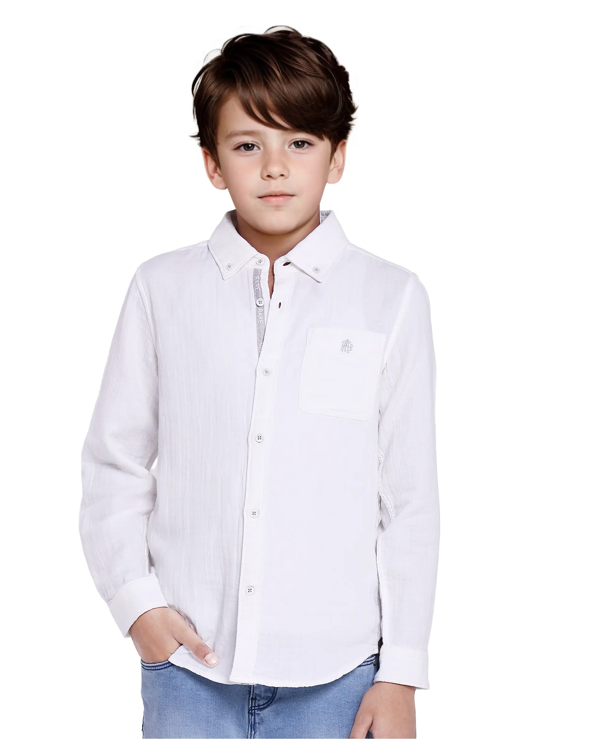 Rare Ones Kids Presto White Cotton Full Sleeve Regular Fit Button Down Solid Shirt - Image 4