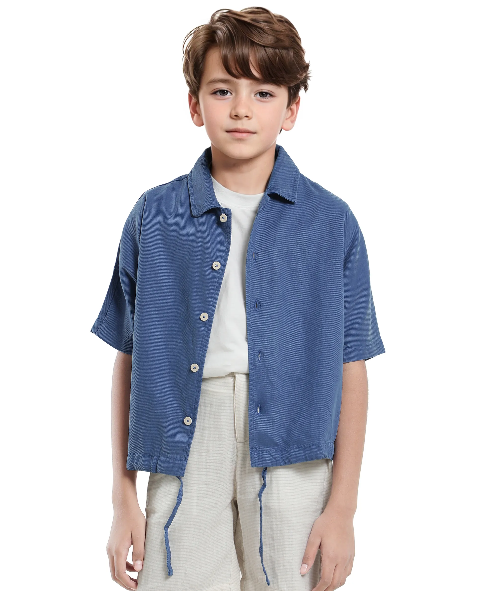 Rare Ones Kids Qirk Blue Cotton Blend Short Sleeve Solid Regular Shirt - Image 5