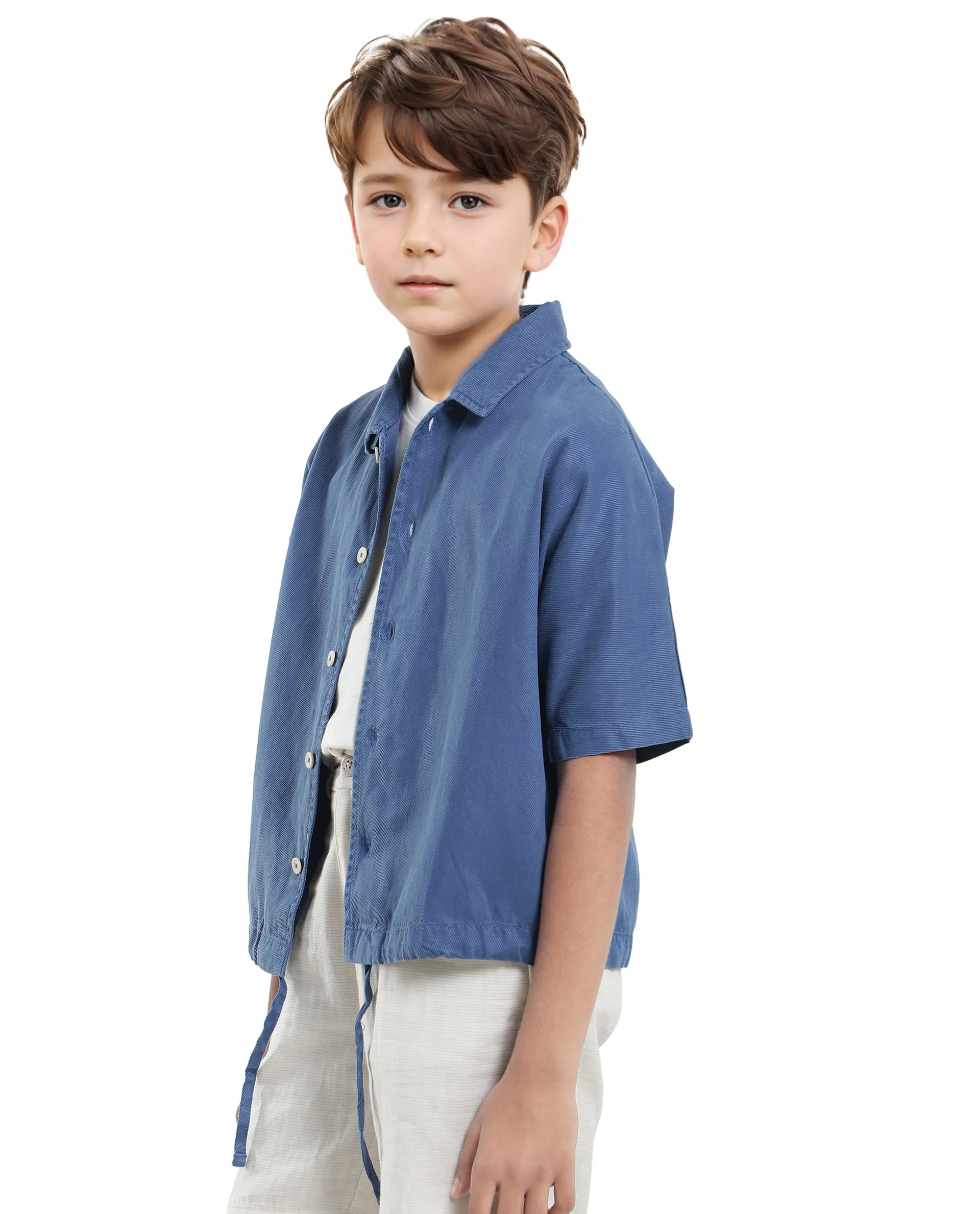Rare Ones Kids Qirk Blue Cotton Blend Short Sleeve Solid Regular Shirt - Image 6