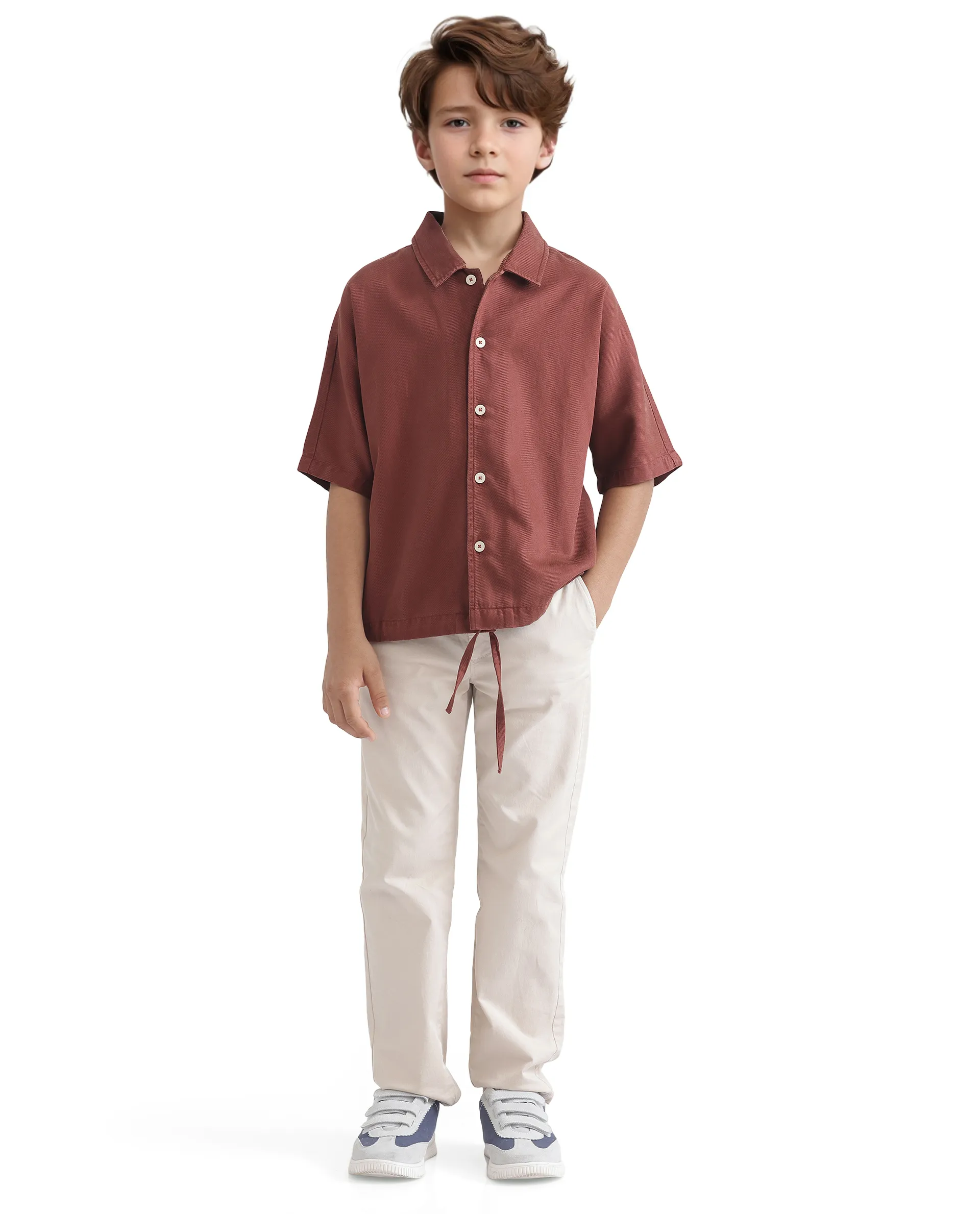 Rare Ones Kids Qirk Brown Cotton Blend Half Sleeve Solid Regular Shirt - Image 2