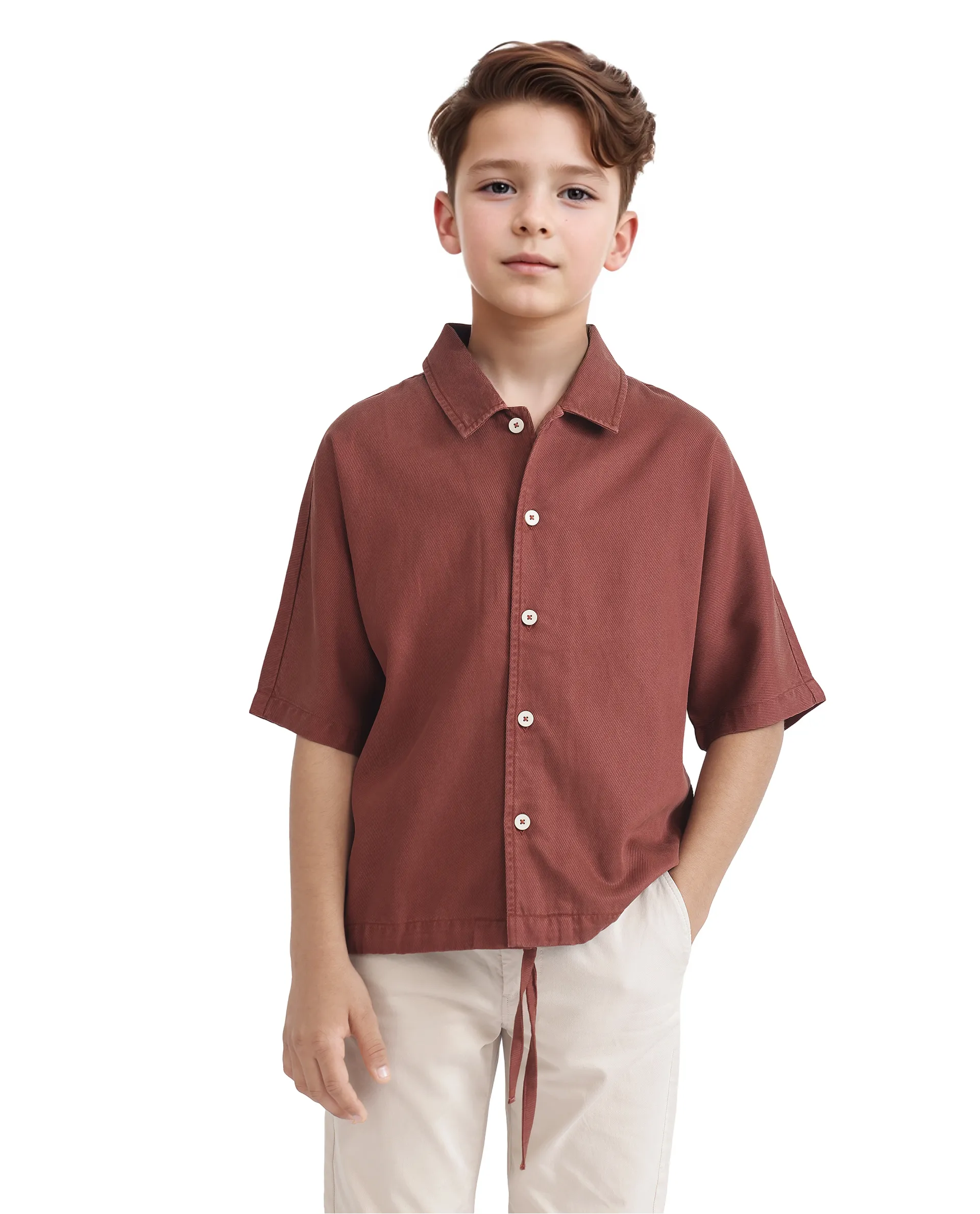 Rare Ones Kids Qirk Brown Cotton Blend Half Sleeve Solid Regular Shirt - Image 3