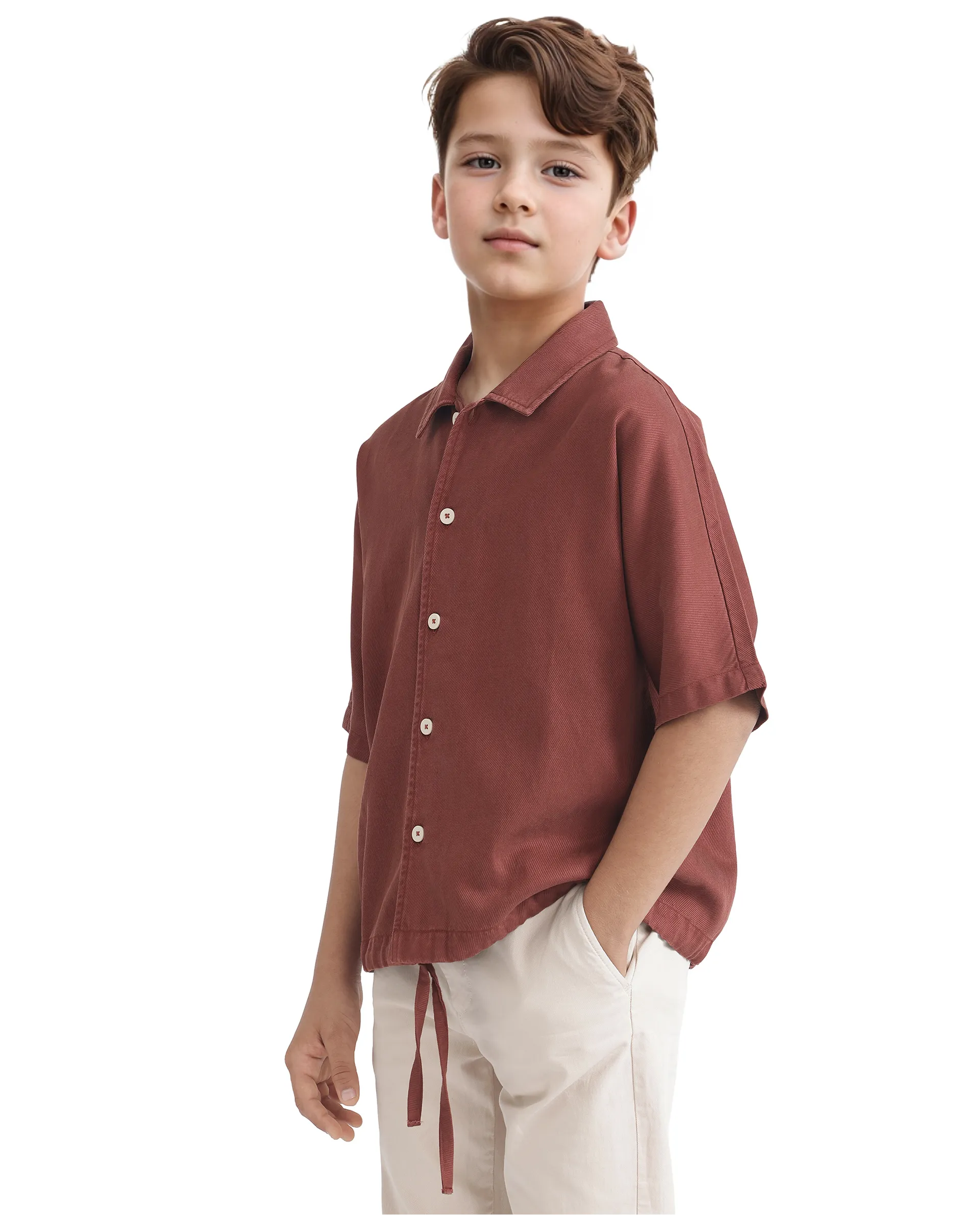Rare Ones Kids Qirk Brown Cotton Blend Half Sleeve Solid Regular Shirt - Image 6
