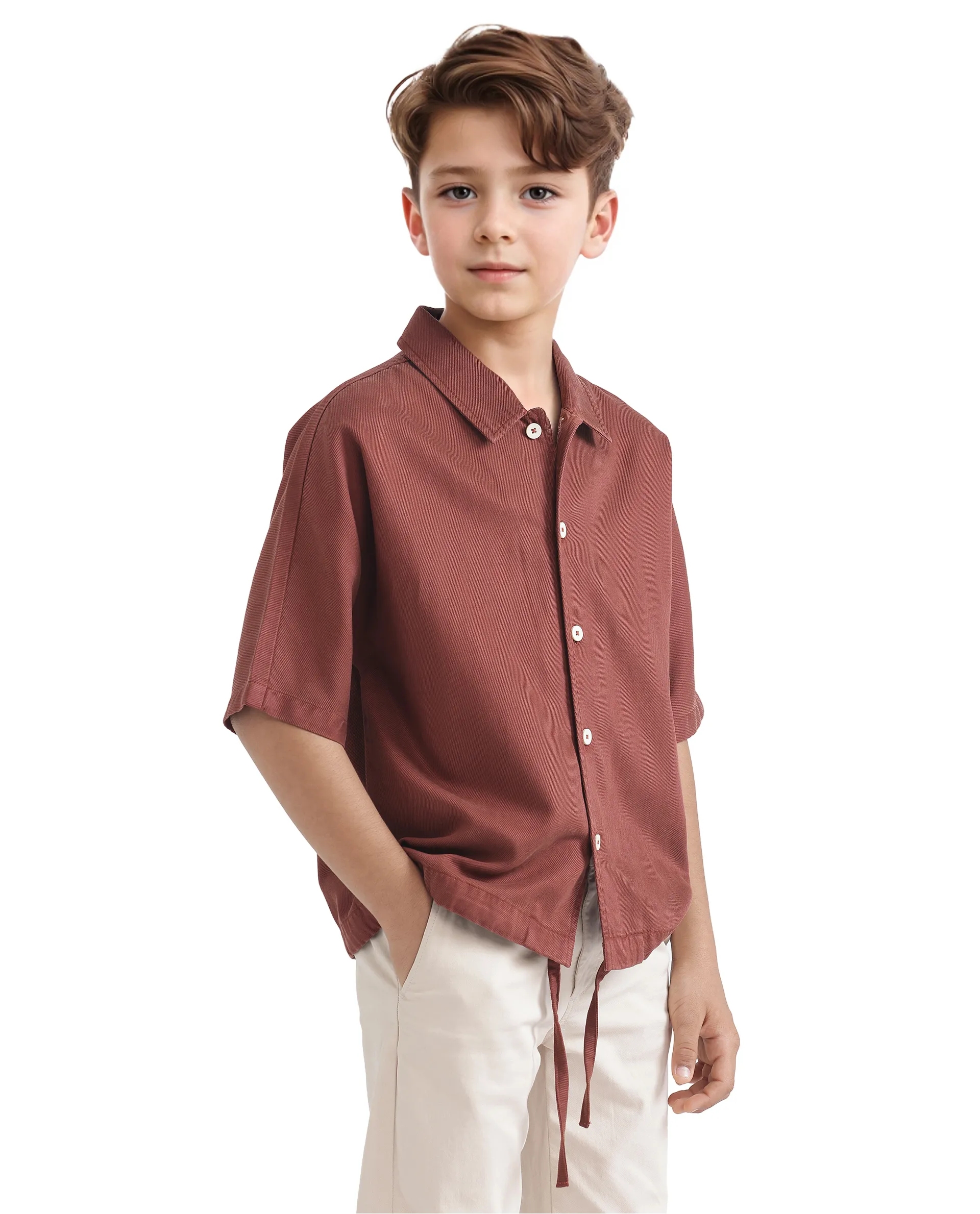 Rare Ones Kids Qirk Brown Cotton Blend Half Sleeve Solid Regular Shirt - Image 7
