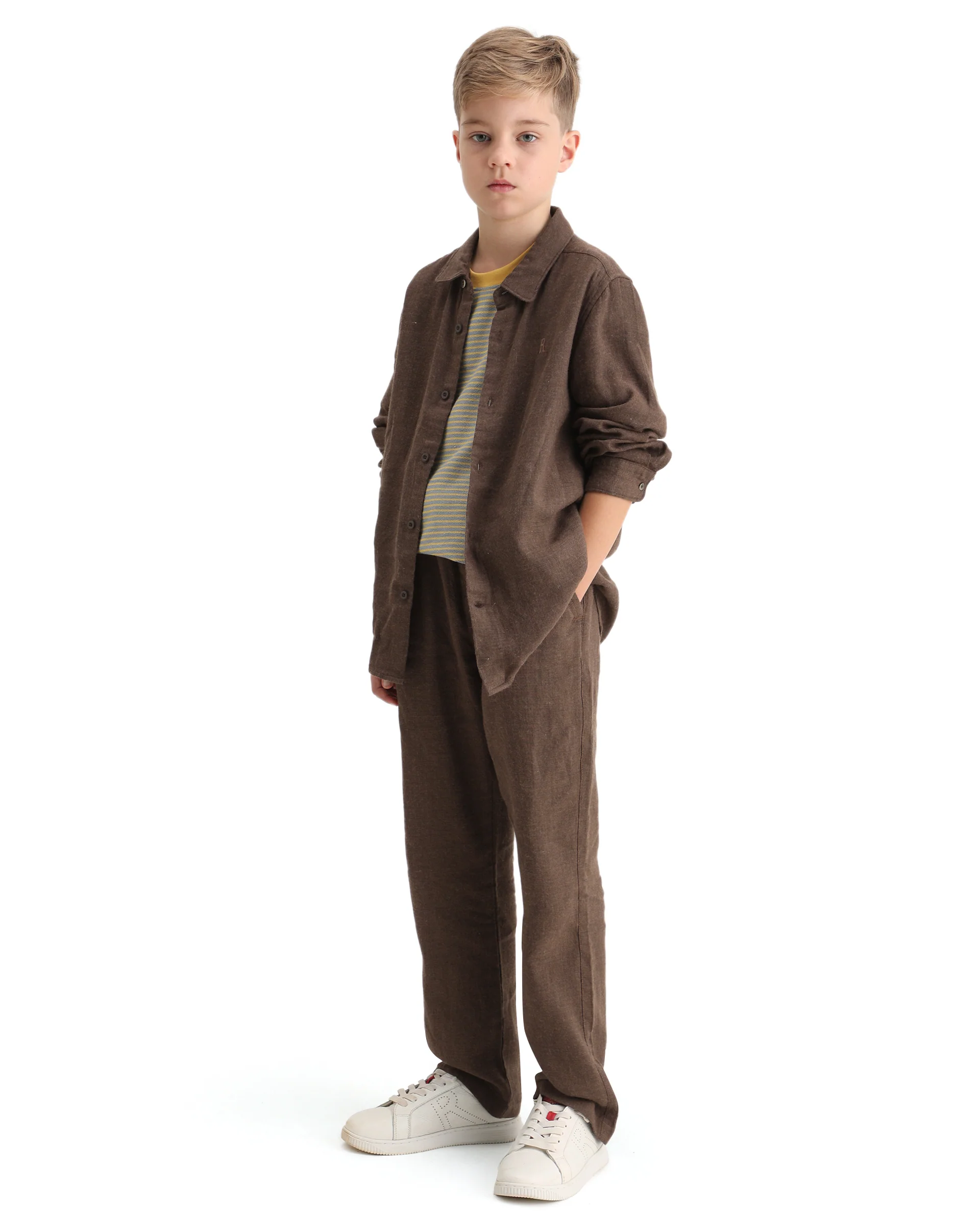 Rare Ones Kids Quen-B Brown Cotton Blend Solid Button Closure Regular Fit Trouser - Image 5