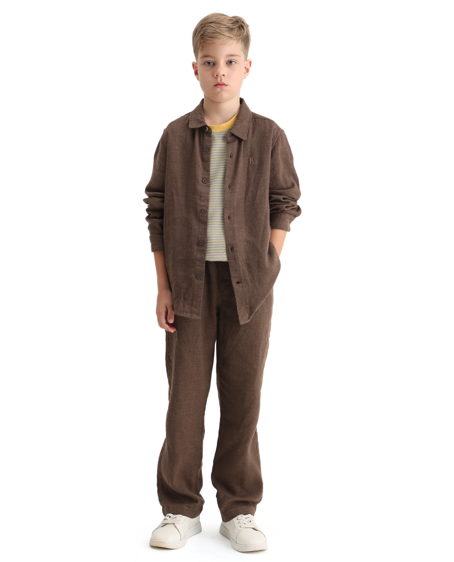Rare Ones Kids Quen-B Brown Cotton Blend Solid Button Closure Regular Fit Trouser - Image 6