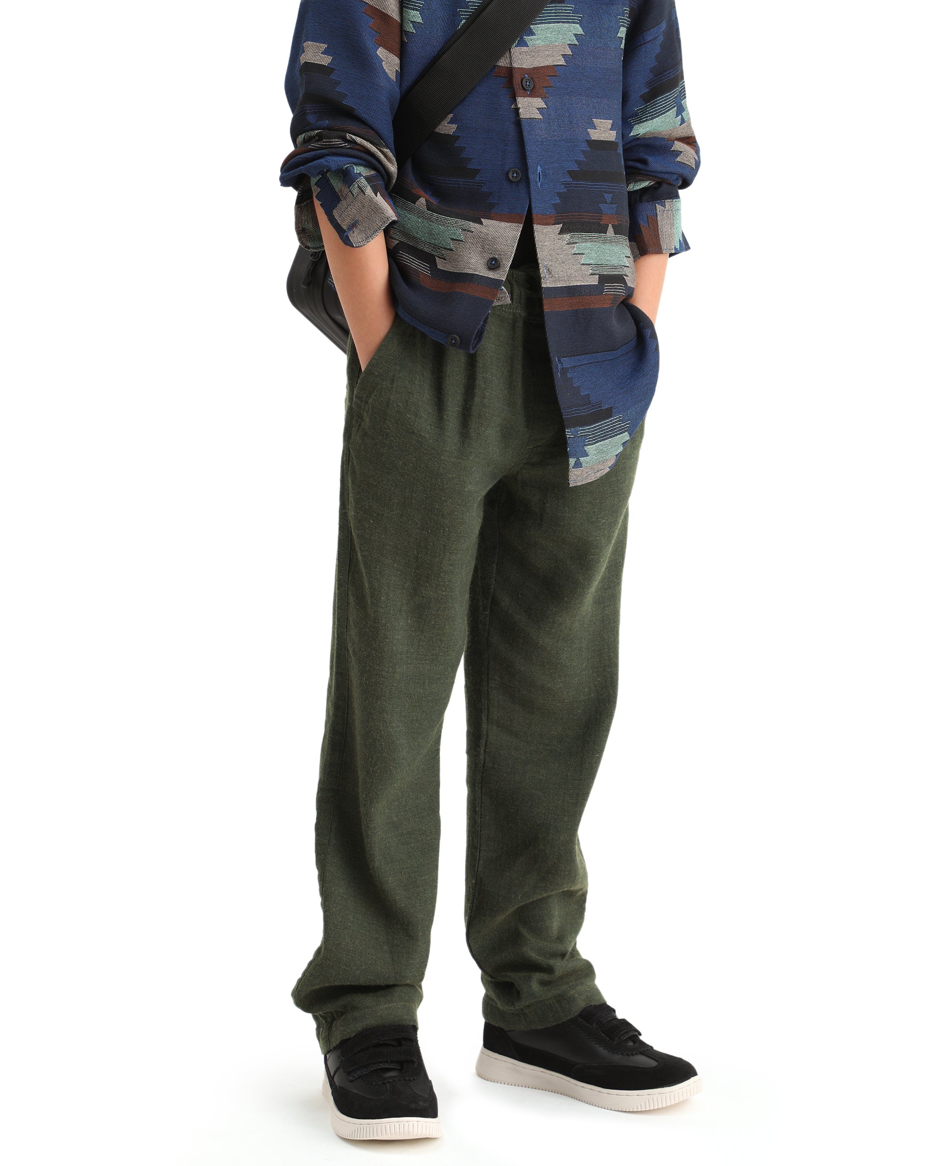 Rare Ones Kids Quen-B Green Cotton Blend Solid Button Closure Regular Fit Trouser - Image 2