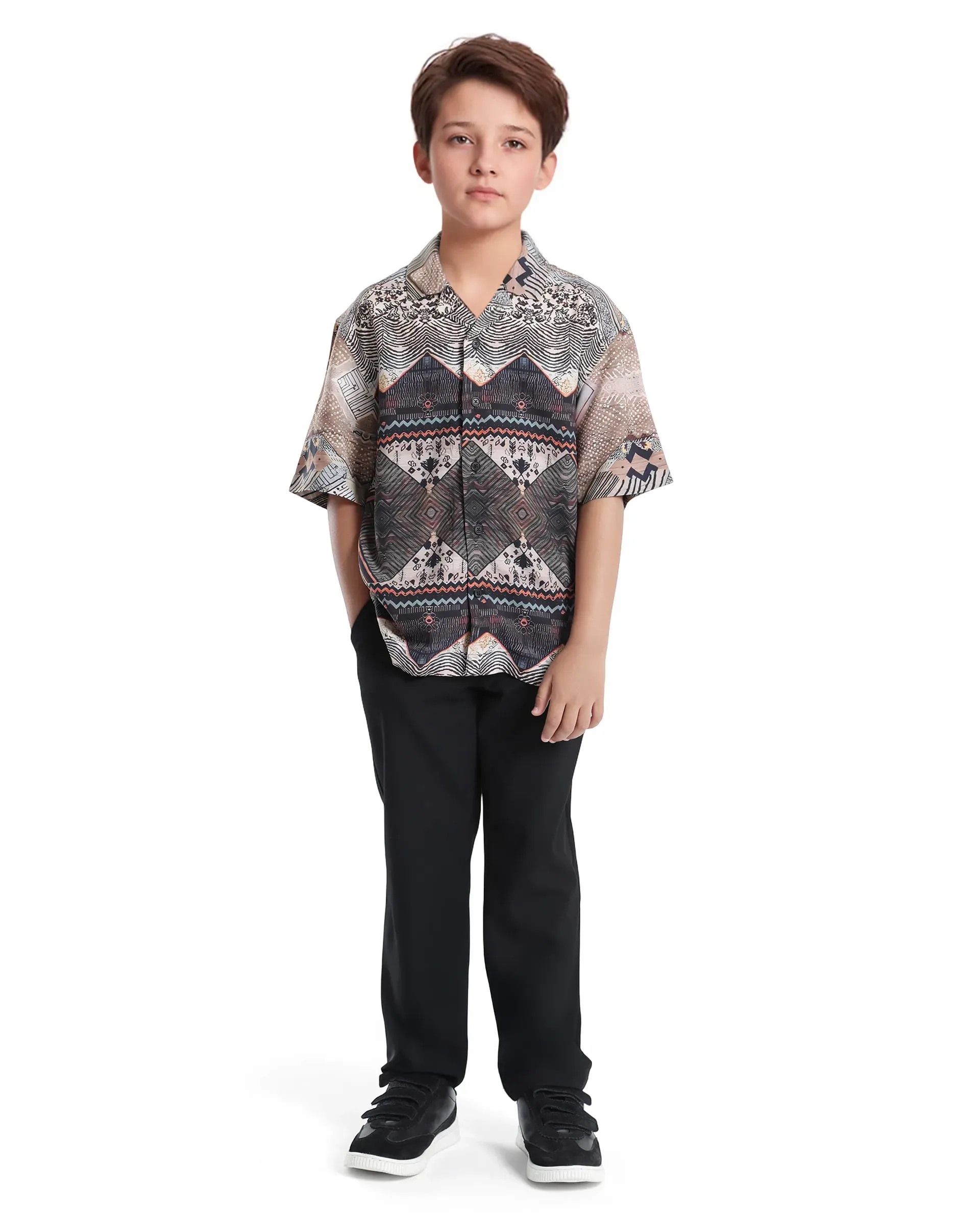 Rare Ones Kids Qun Black Viscose Printed Button Closure Regular Fit Shirt - Image 2