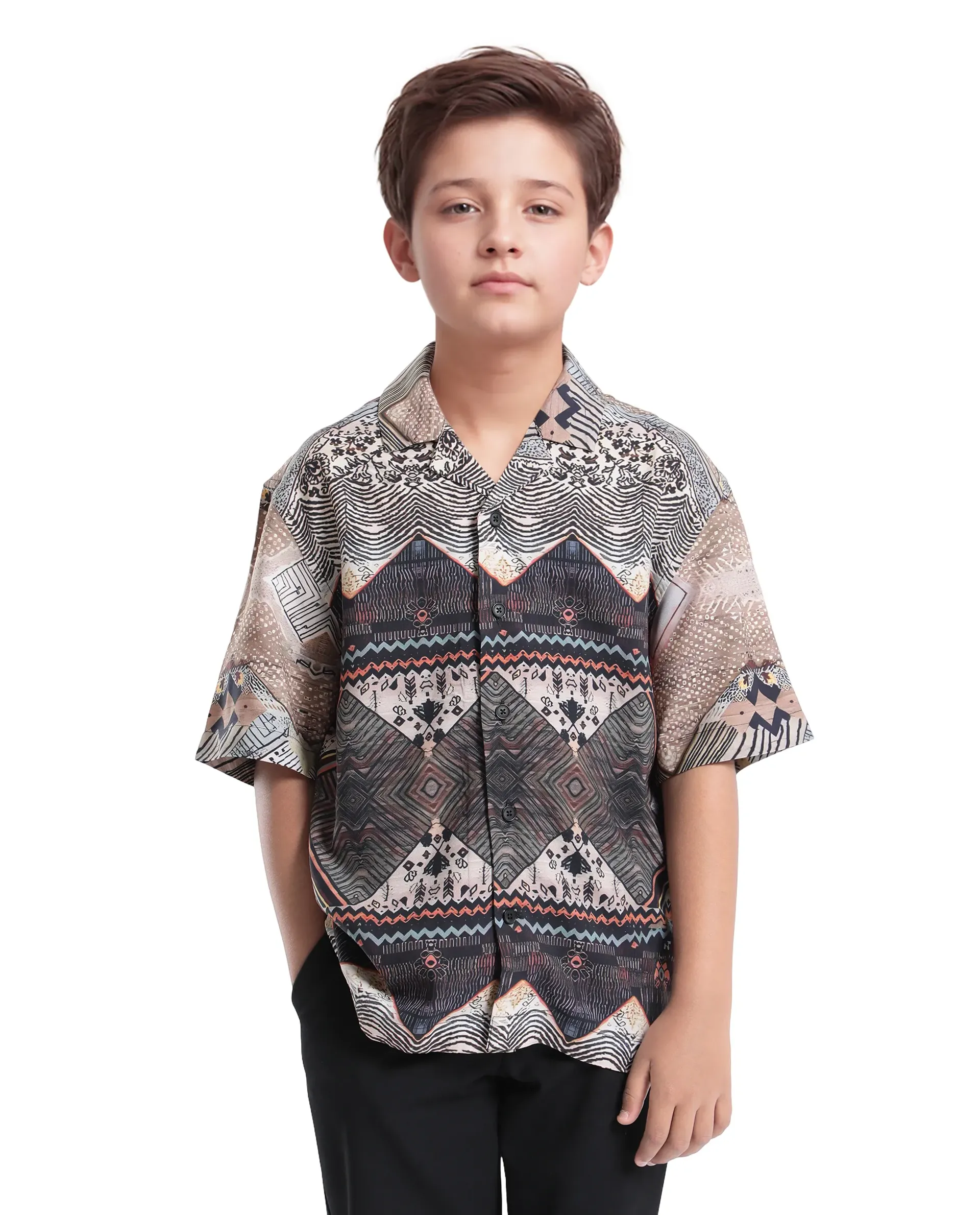 Rare Ones Kids Qun Black Viscose Printed Button Closure Regular Fit Shirt - Image 3