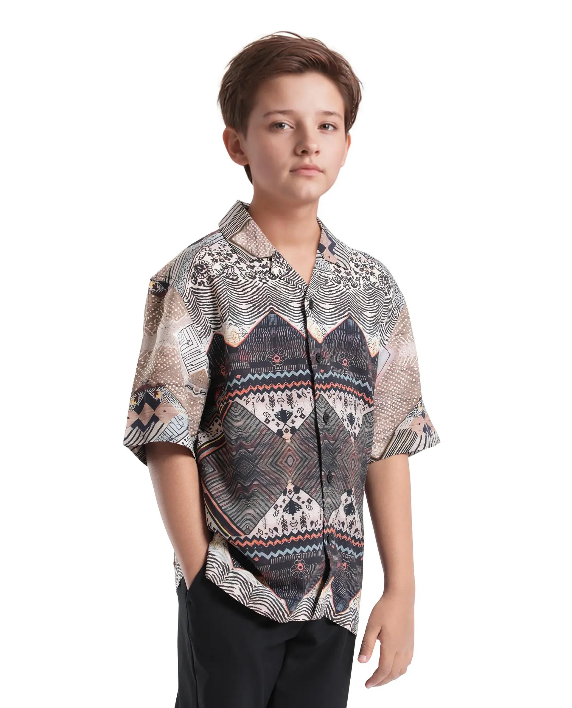 Rare Ones Kids Qun Black Viscose Printed Button Closure Regular Fit Shirt - Image 6