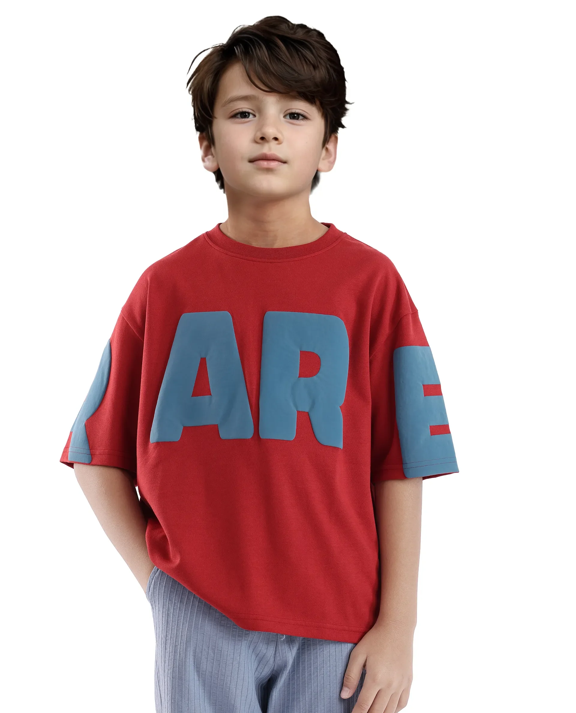 Rare Ones Kids Ras Dark Red Cotton Short Sleeve Crew Neck Placement Print Boxy Fit T-Shirt - Image 6