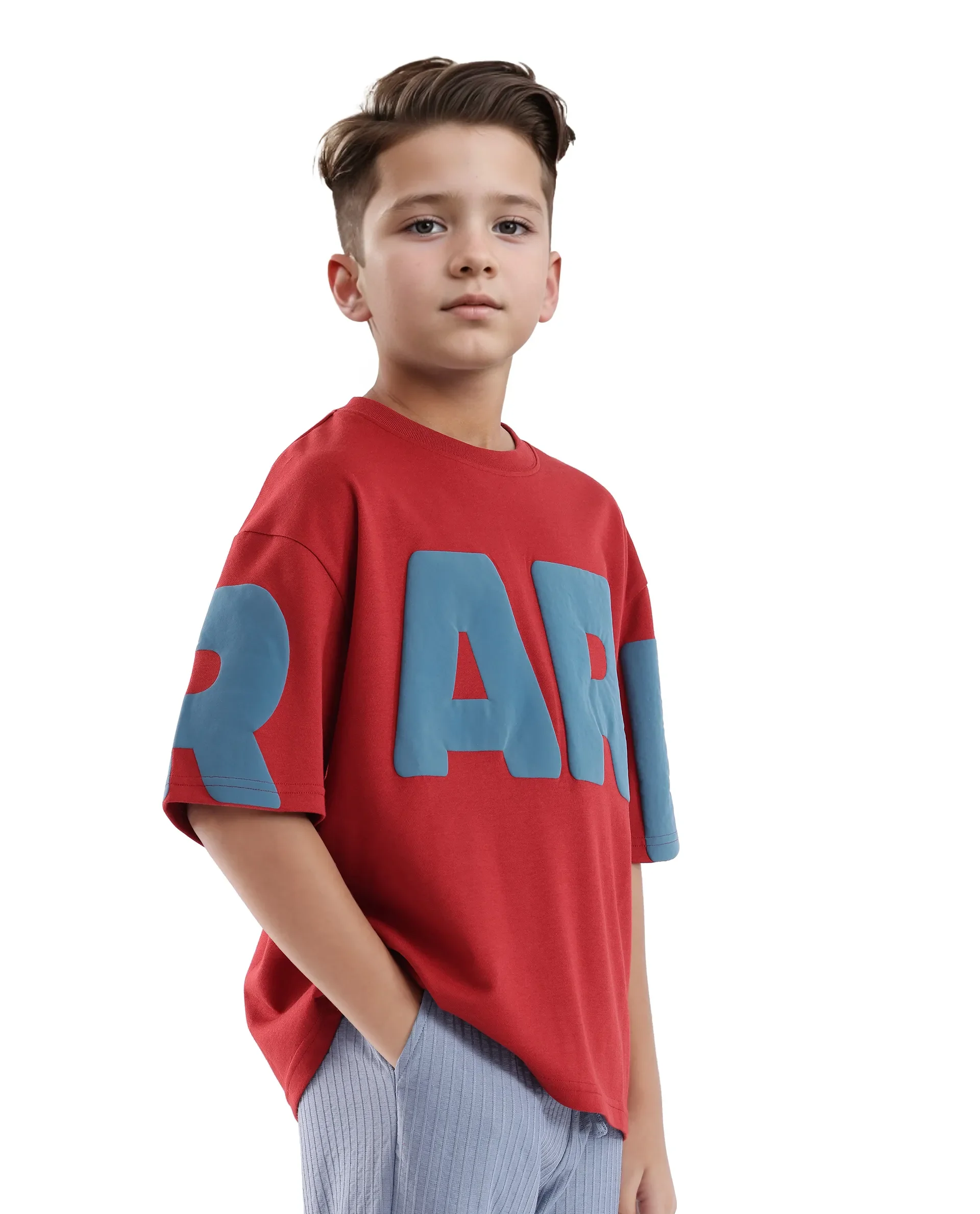 Rare Ones Kids Ras Dark Red Cotton Short Sleeve Crew Neck Placement Print Boxy Fit T-Shirt - Image 7