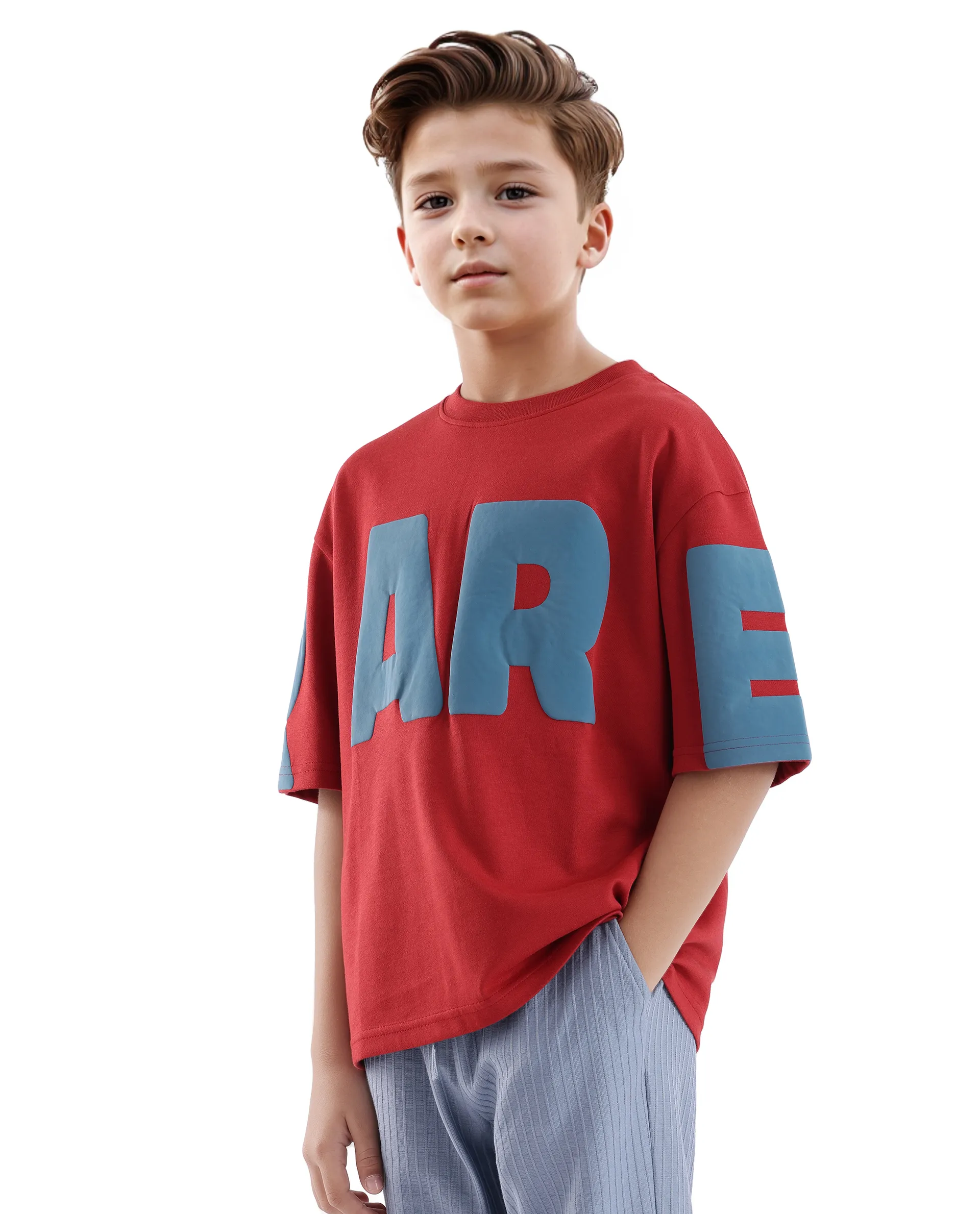 Rare Ones Kids Ras Dark Red Cotton Short Sleeve Crew Neck Placement Print Boxy Fit T-Shirt - Image 8