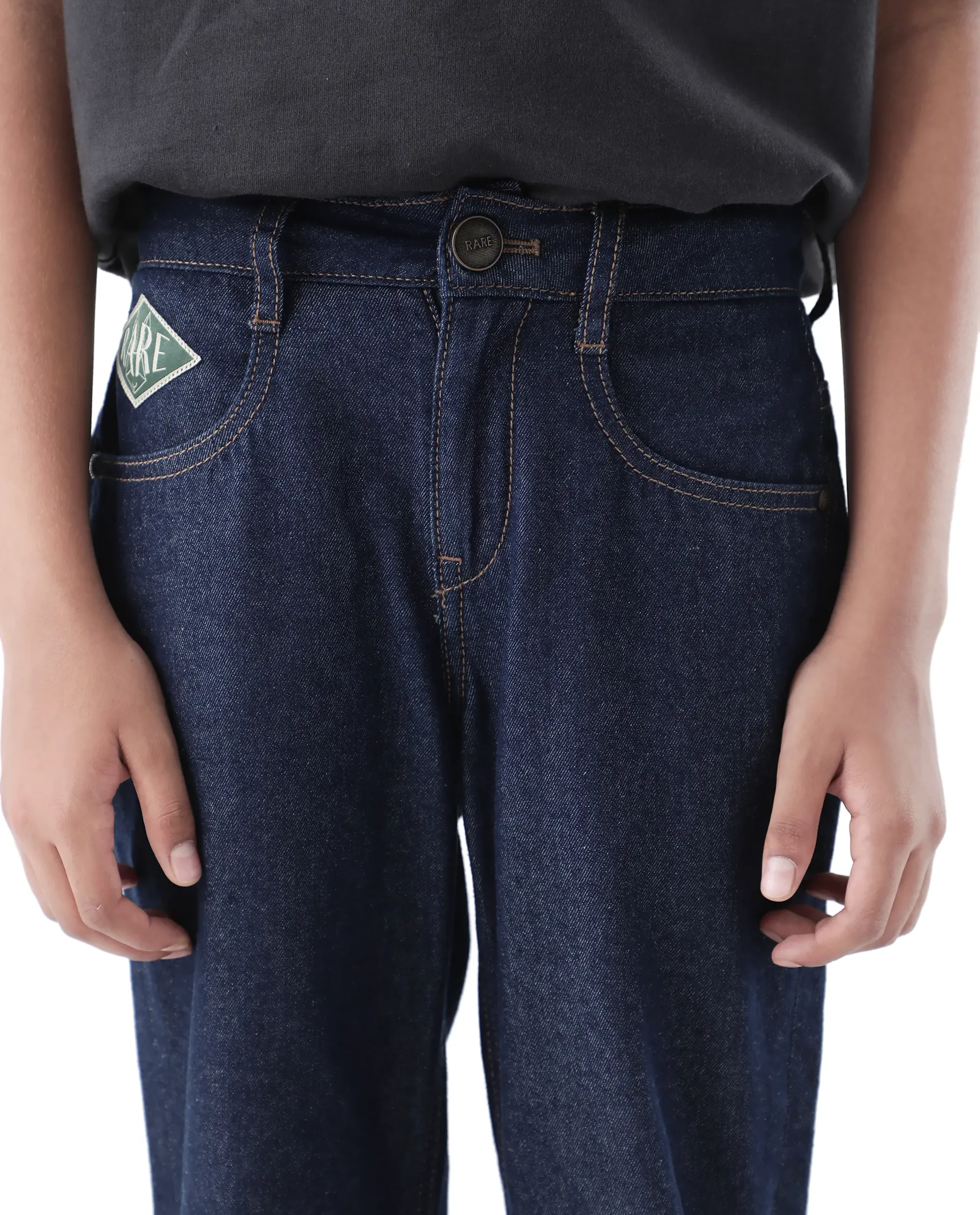 Rare Ones Kids Raw Navy Cotton Plain Button And Zip Closure Regular Fit Jeans - Image 3