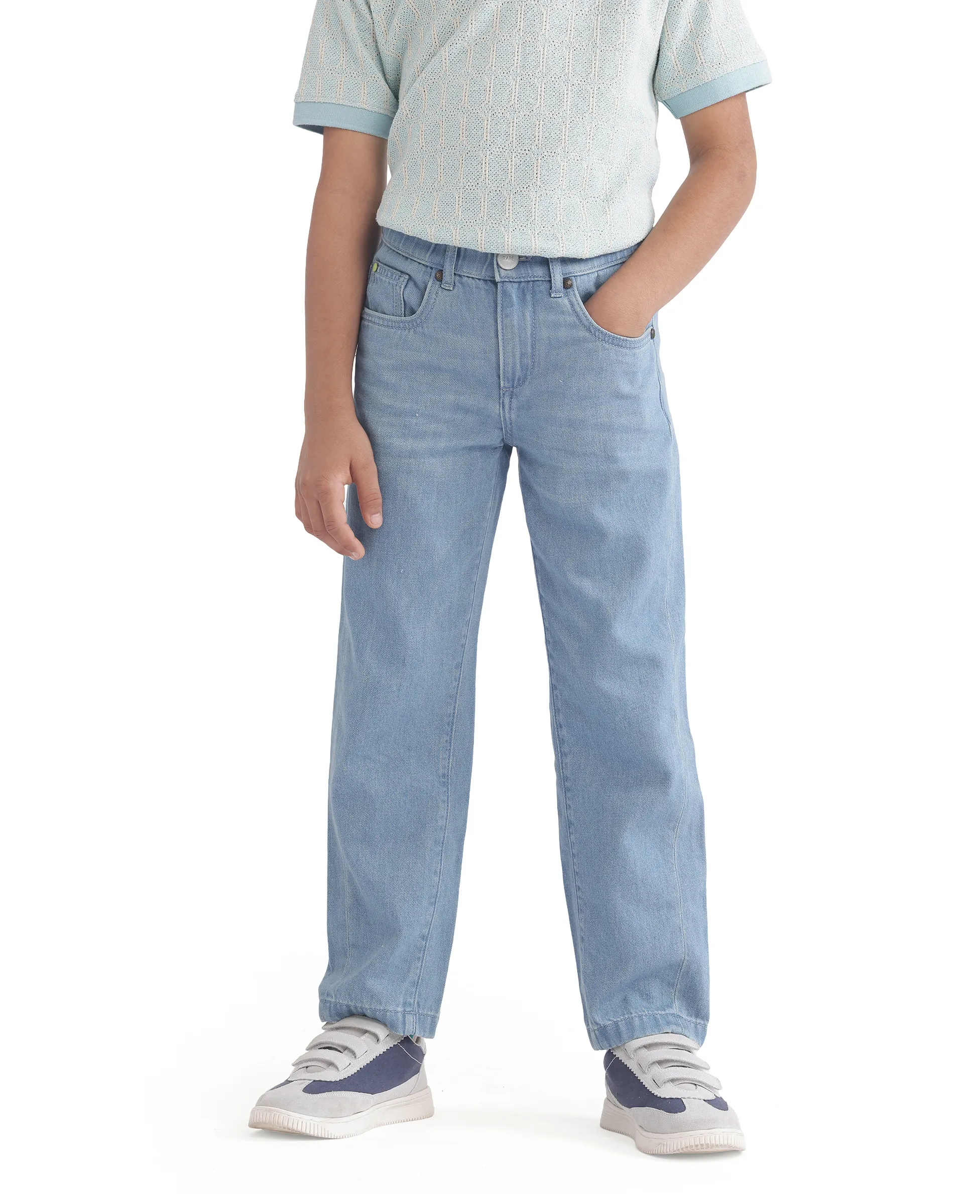 Rare Ones Kids Ziri Blue Cotton Button Closure Plain Regular Fit Jeans - Image 2