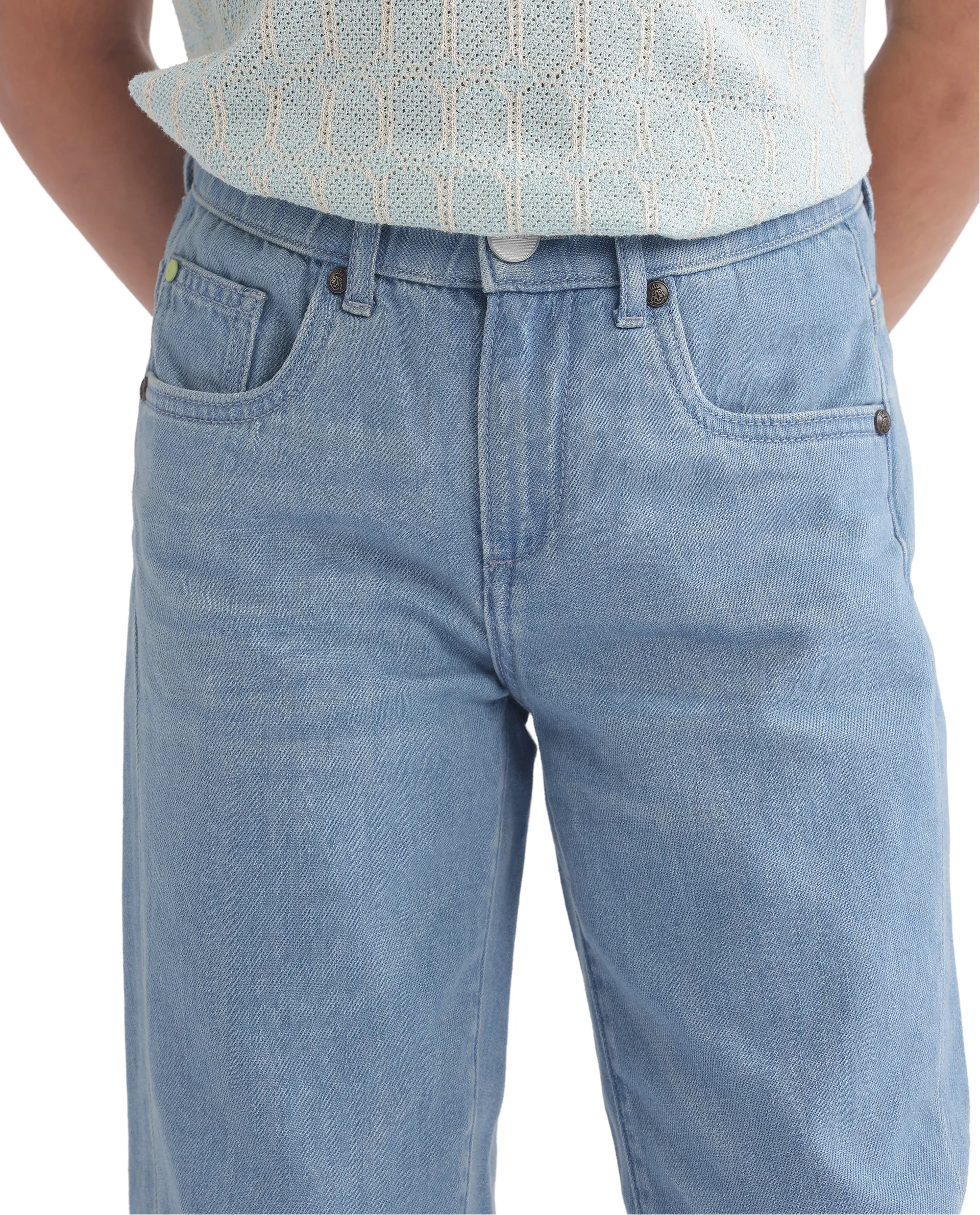 Rare Ones Kids Ziri Blue Cotton Button Closure Plain Regular Fit Jeans - Image 3