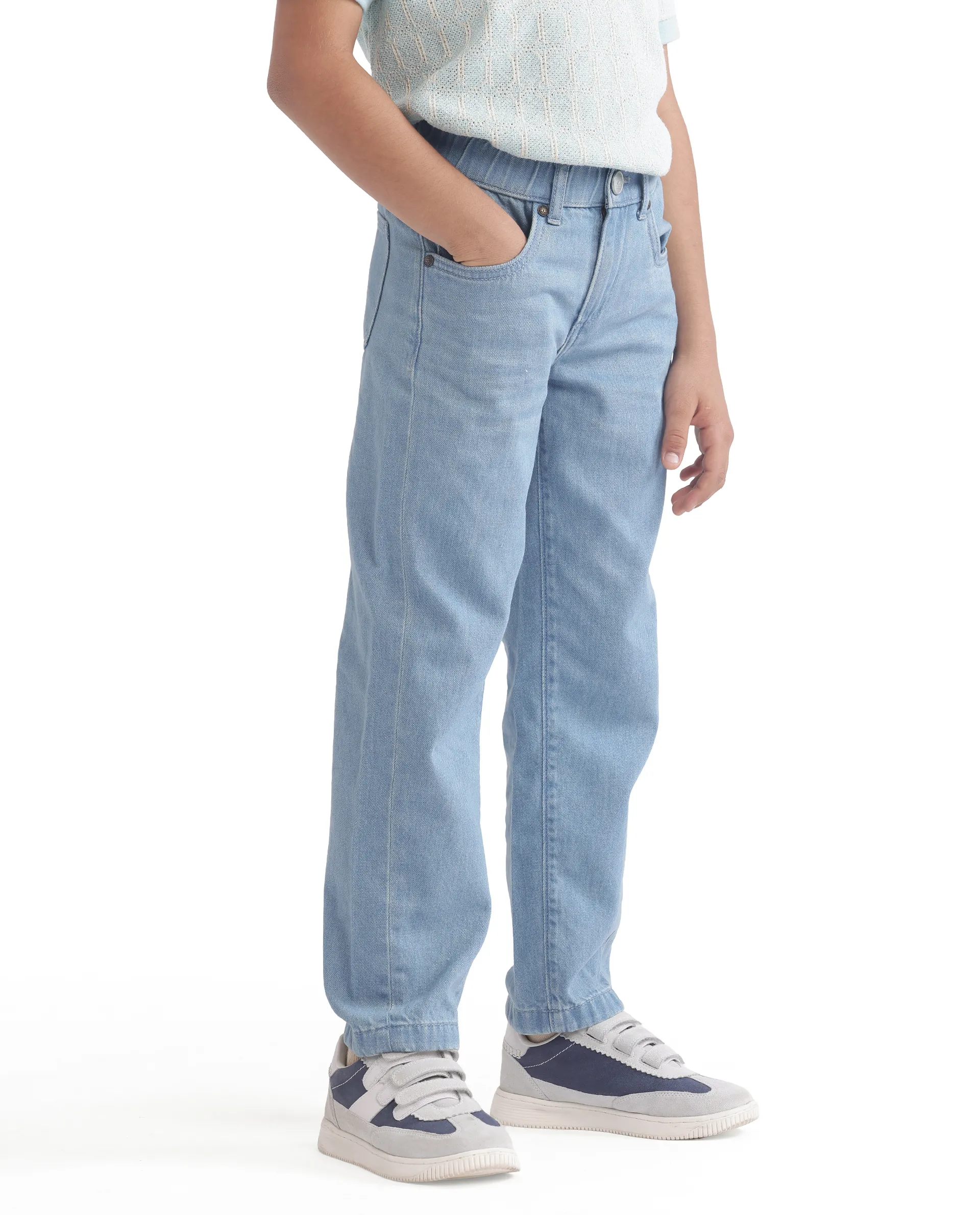 Rare Ones Kids Ziri Blue Cotton Button Closure Plain Regular Fit Jeans - Image 7