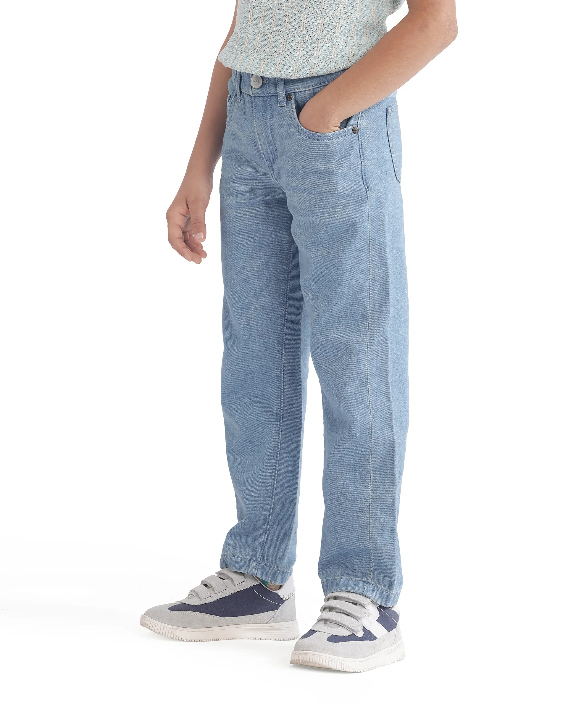 Rare Ones Kids Ziri Blue Cotton Button Closure Plain Regular Fit Jeans - Image 8