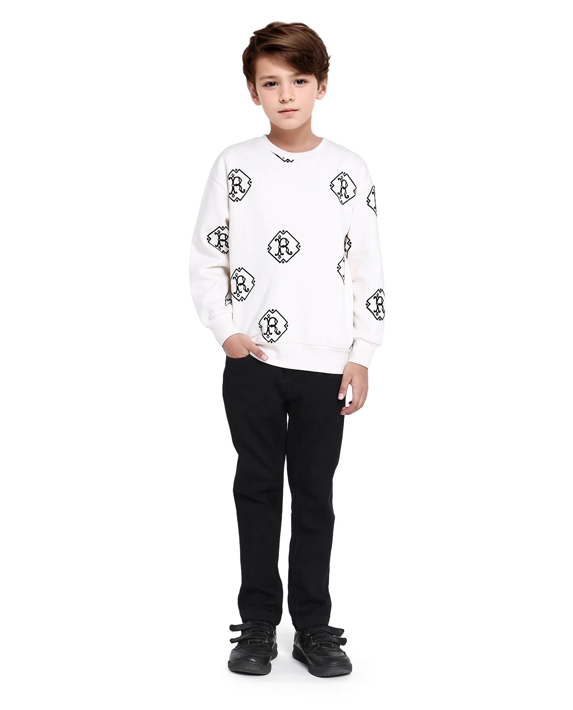 Rare Ones Kids Ronz Off White Cotton Poly Full Sleeve Flock Print Sweatshirt - Image 2