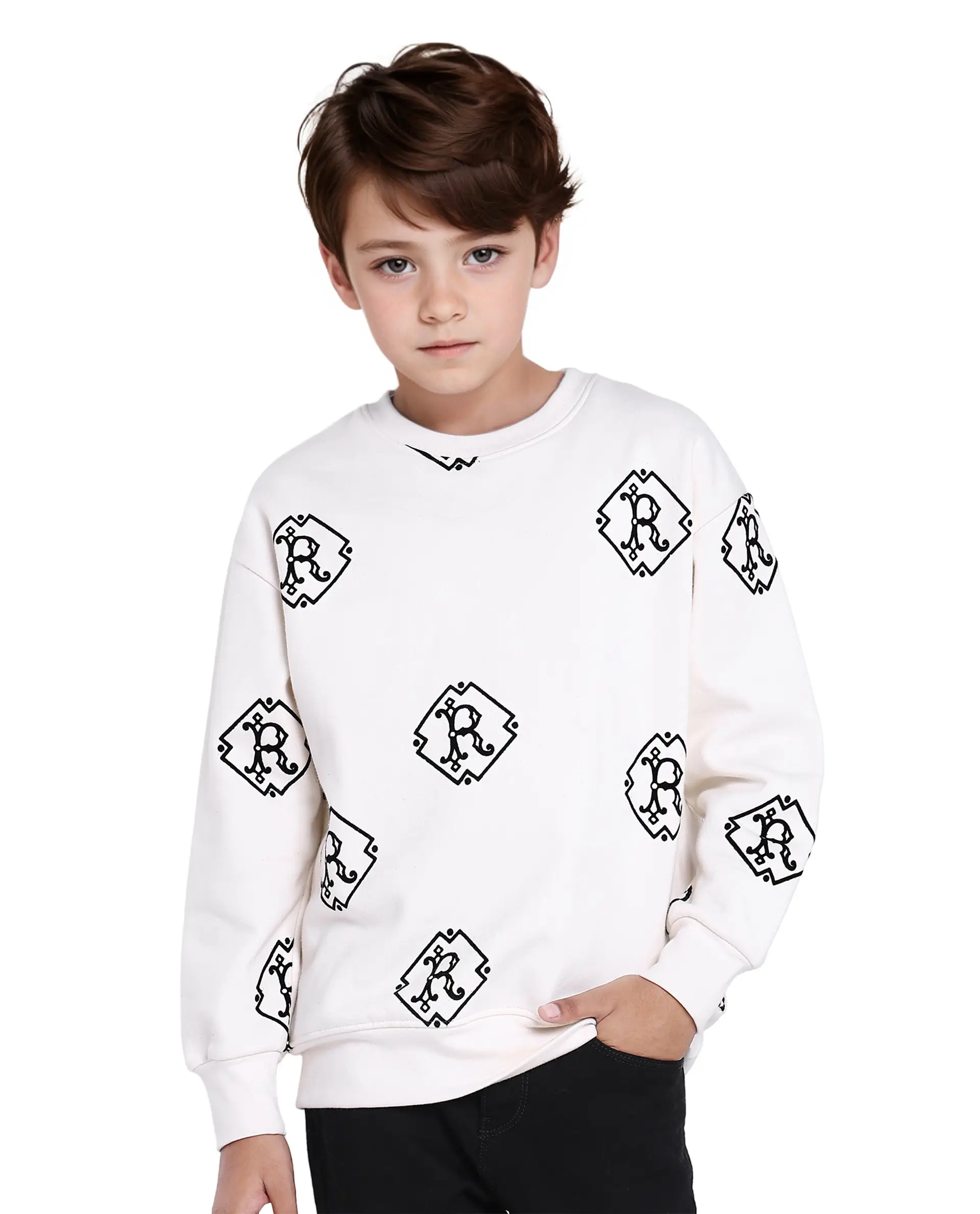 Rare Ones Kids Ronz Off White Cotton Poly Full Sleeve Flock Print Sweatshirt - Image 4