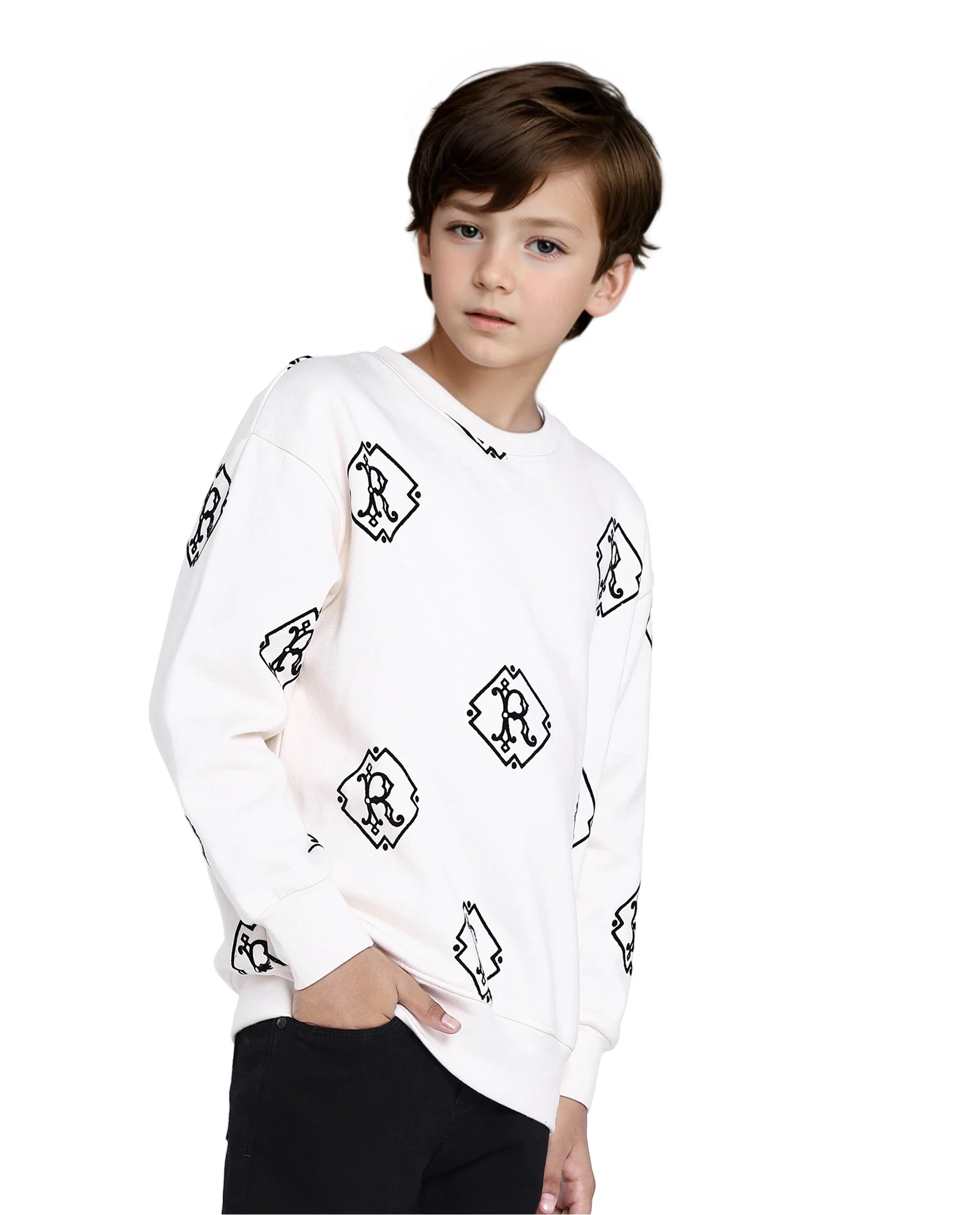 Rare Ones Kids Ronz Off White Cotton Poly Full Sleeve Flock Print Sweatshirt - Image 5