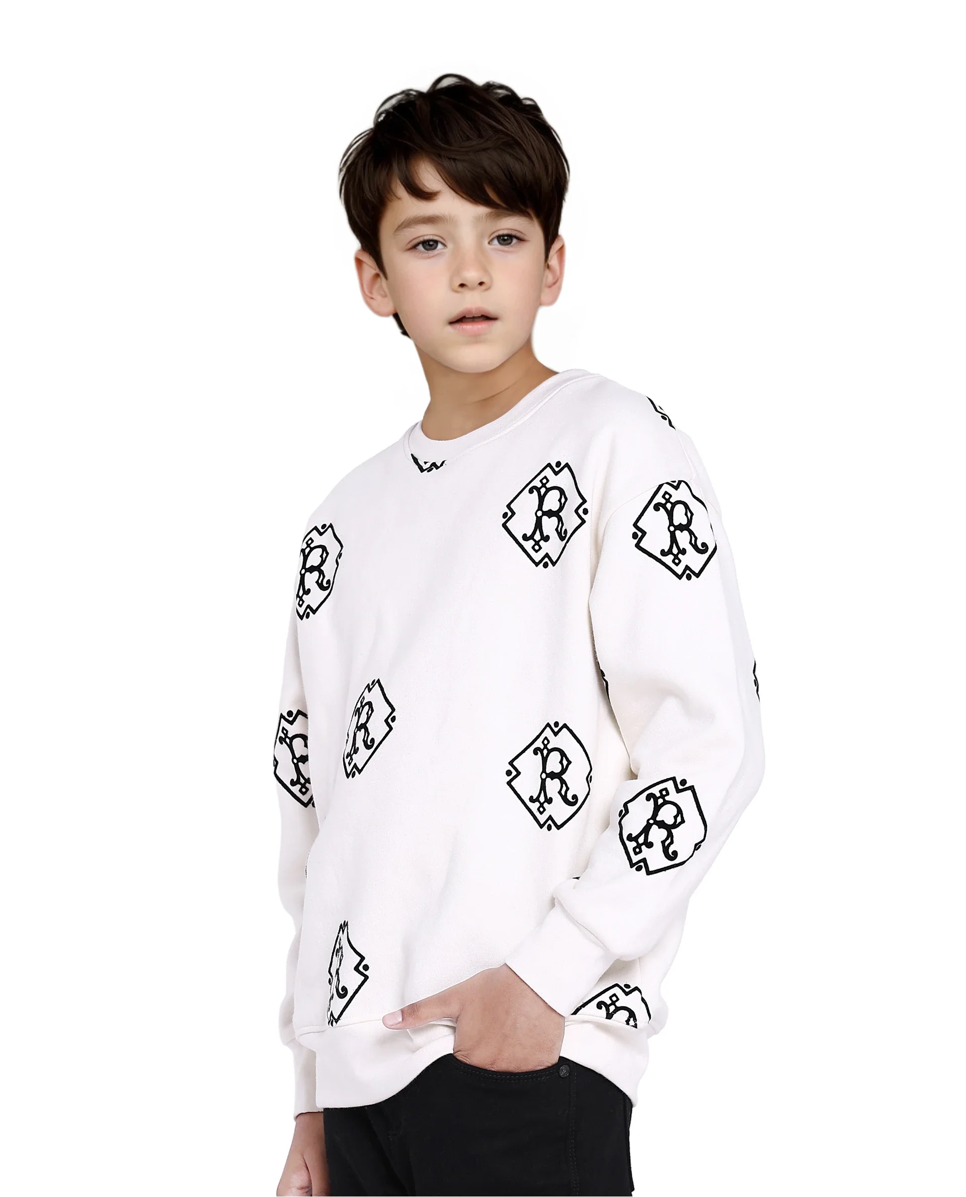 Rare Ones Kids Ronz Off White Cotton Poly Full Sleeve Flock Print Sweatshirt - Image 6