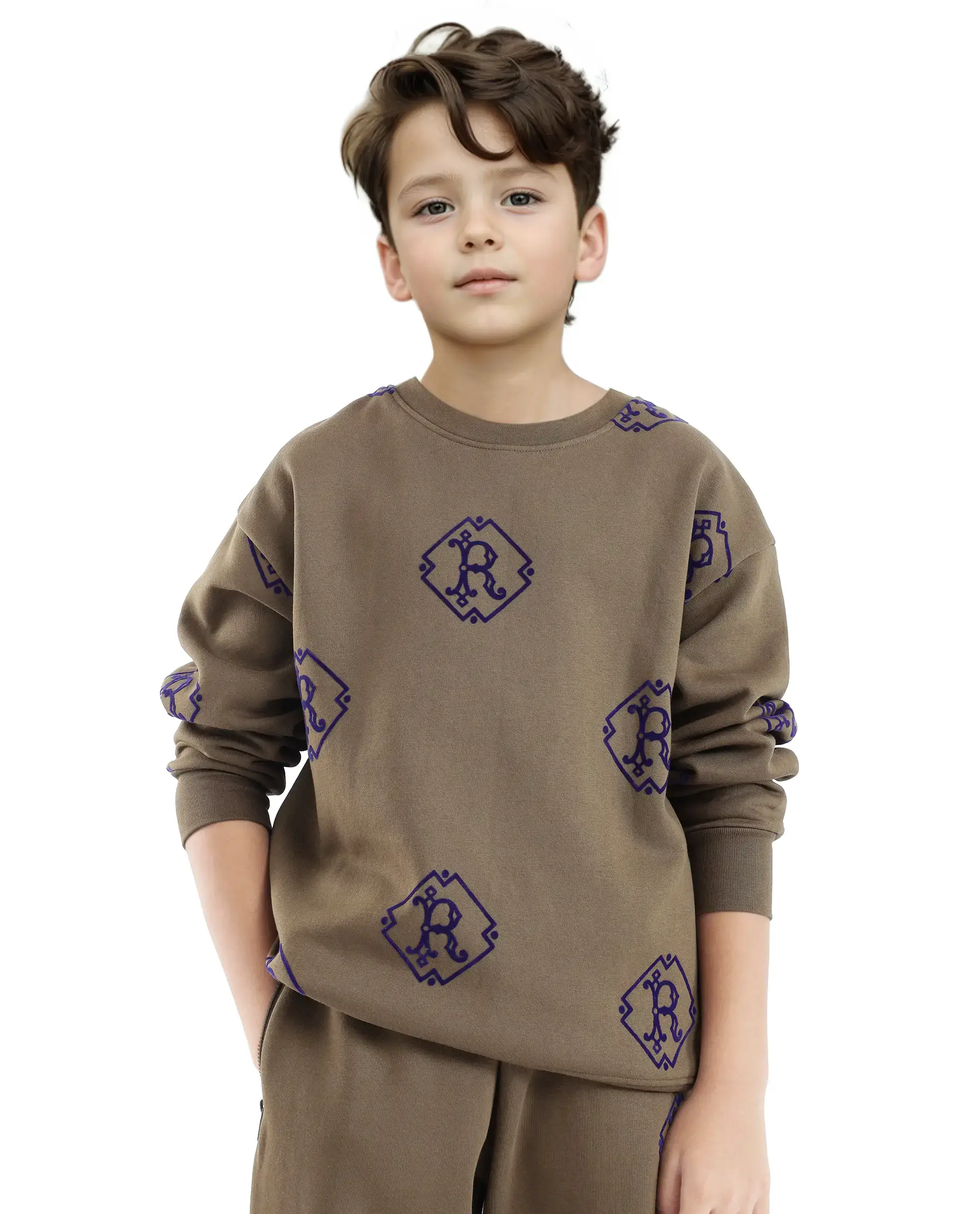 Rare Ones Kids Ronz Olive Cotton Poly Full Sleeve Flock Print Sweatshirt - Image 3