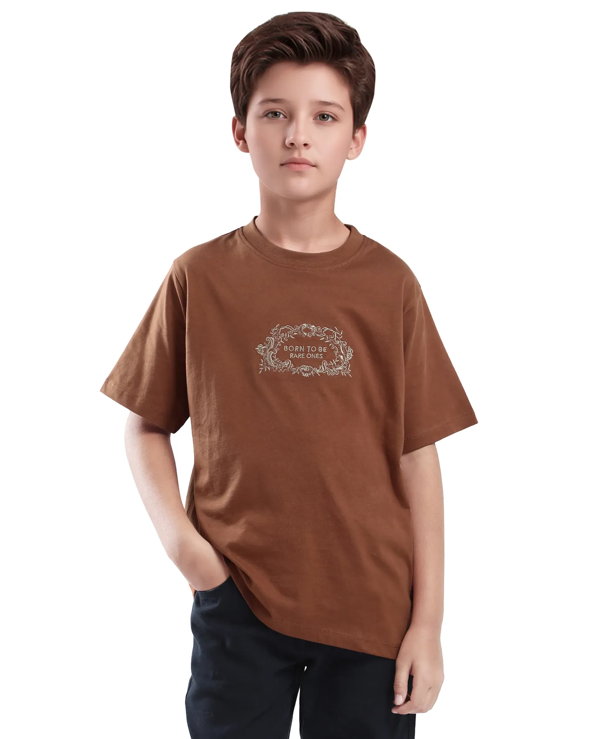 Rare Ones Kids Roxie Light Brown Cotton Half Sleeve Embroidered Slip-On Closure Regular Fit T-Shirt - Image 3