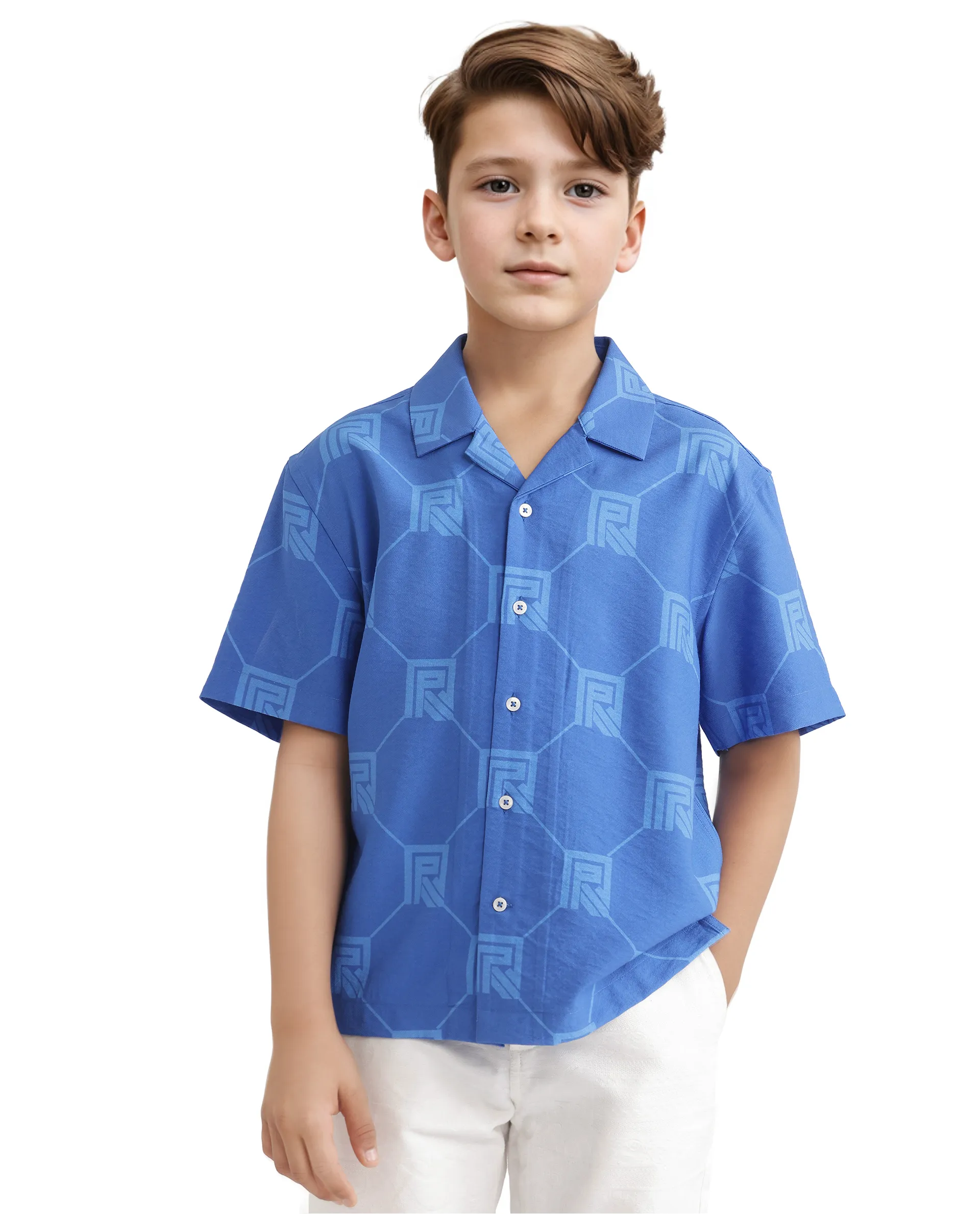 Rare Ones Kids Rynk Blue Viscose Blend Half Sleeve Button Printed Regular Fit Shirt - Image 3