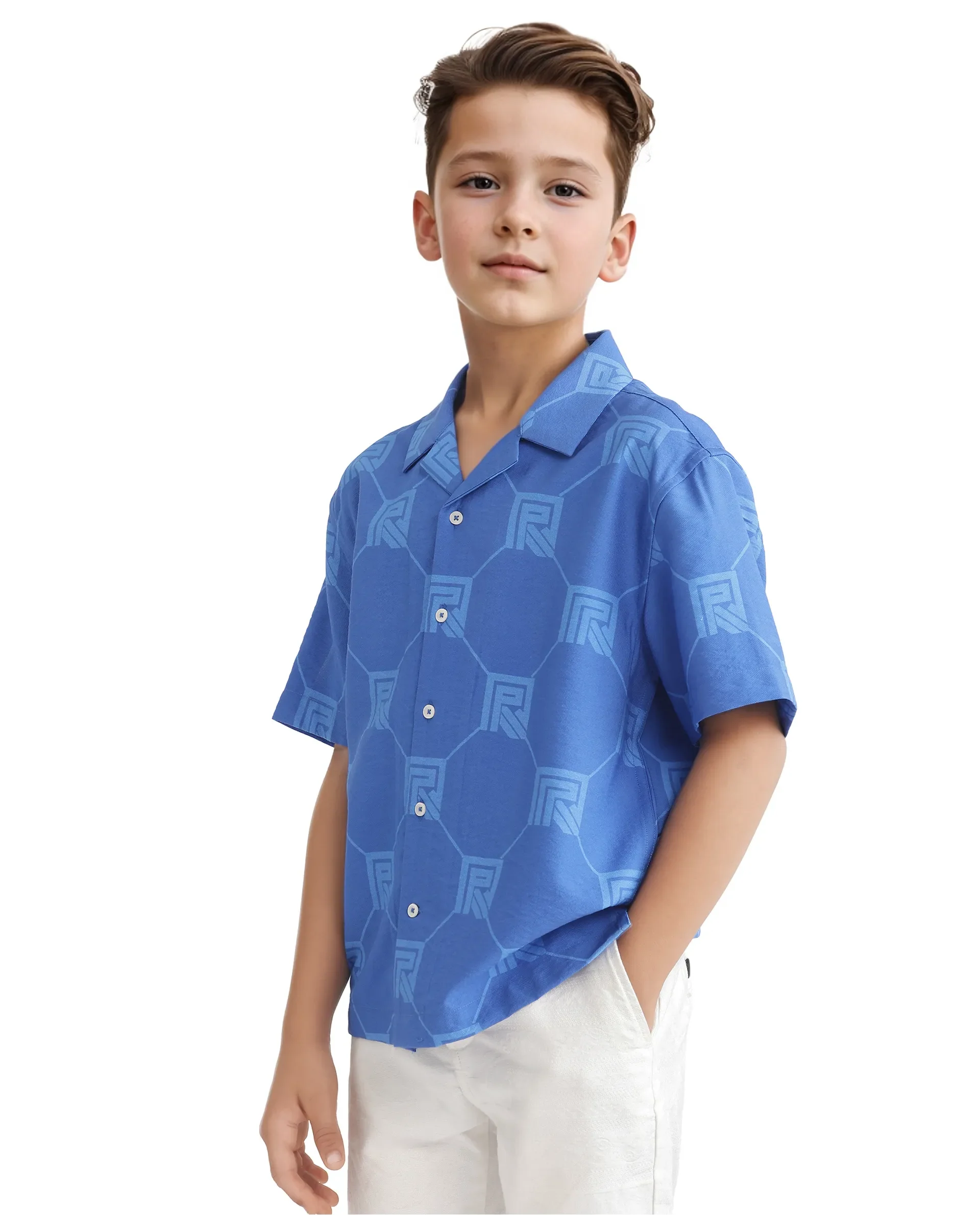 Rare Ones Kids Rynk Blue Viscose Blend Half Sleeve Button Printed Regular Fit Shirt - Image 7
