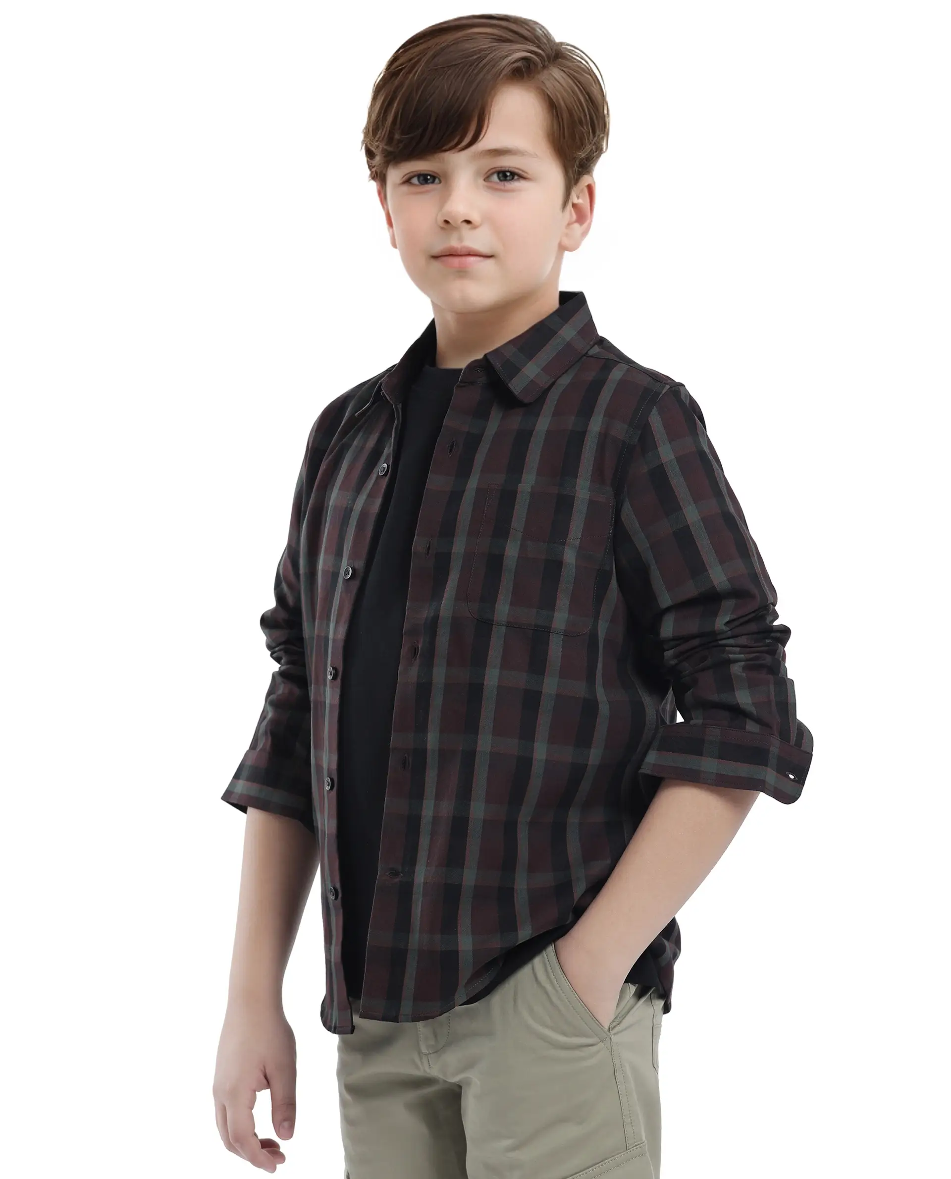 Rare Ones Kids Shilo Brown Cotton Full Sleeve Button Checked Regular Fit Shirt - Image 6