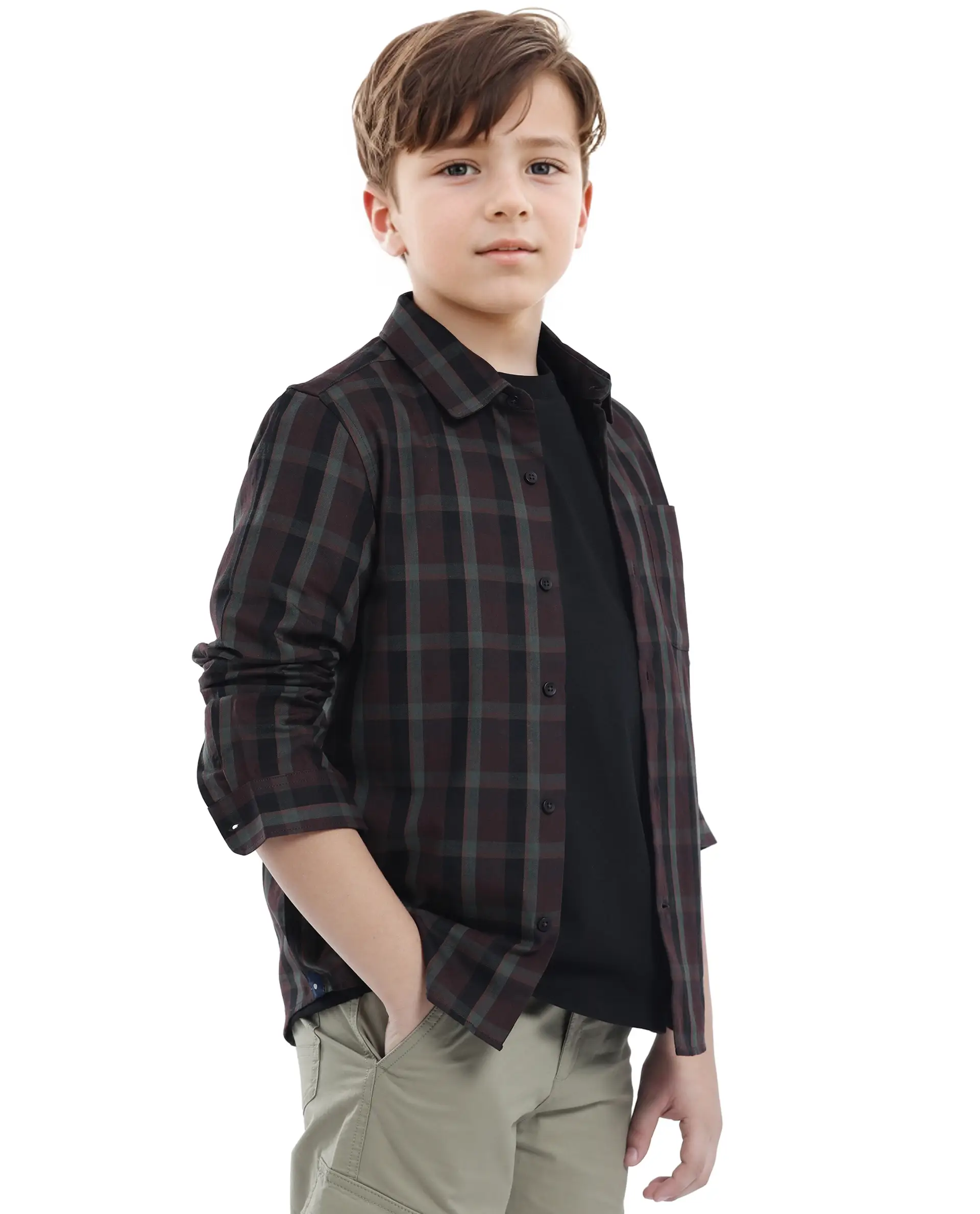 Rare Ones Kids Shilo Brown Cotton Full Sleeve Button Checked Regular Fit Shirt - Image 7