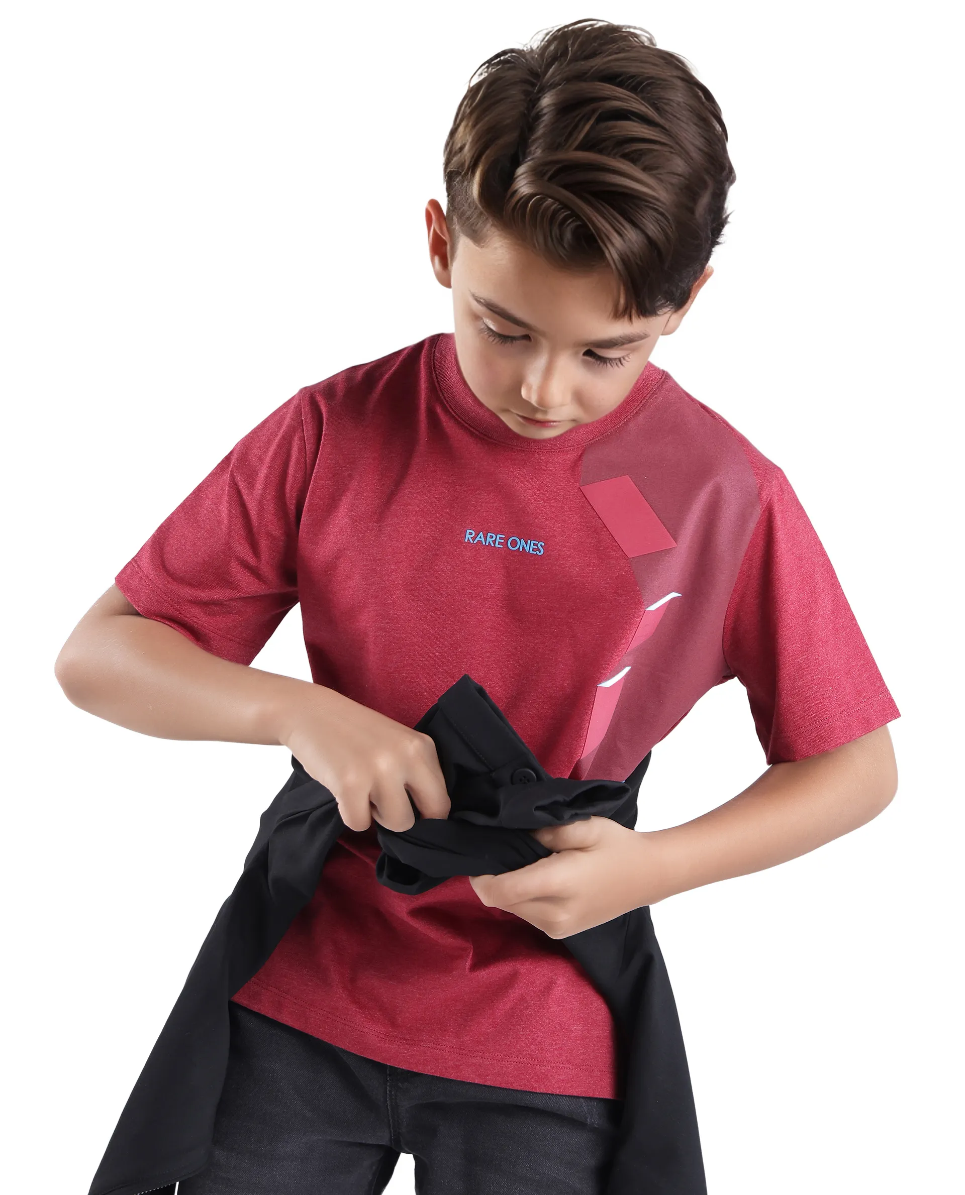 Rare Ones Kids Si Dusky Red Cotton Short Sleeve Crew Neck Raised Hd Print T-Shirt