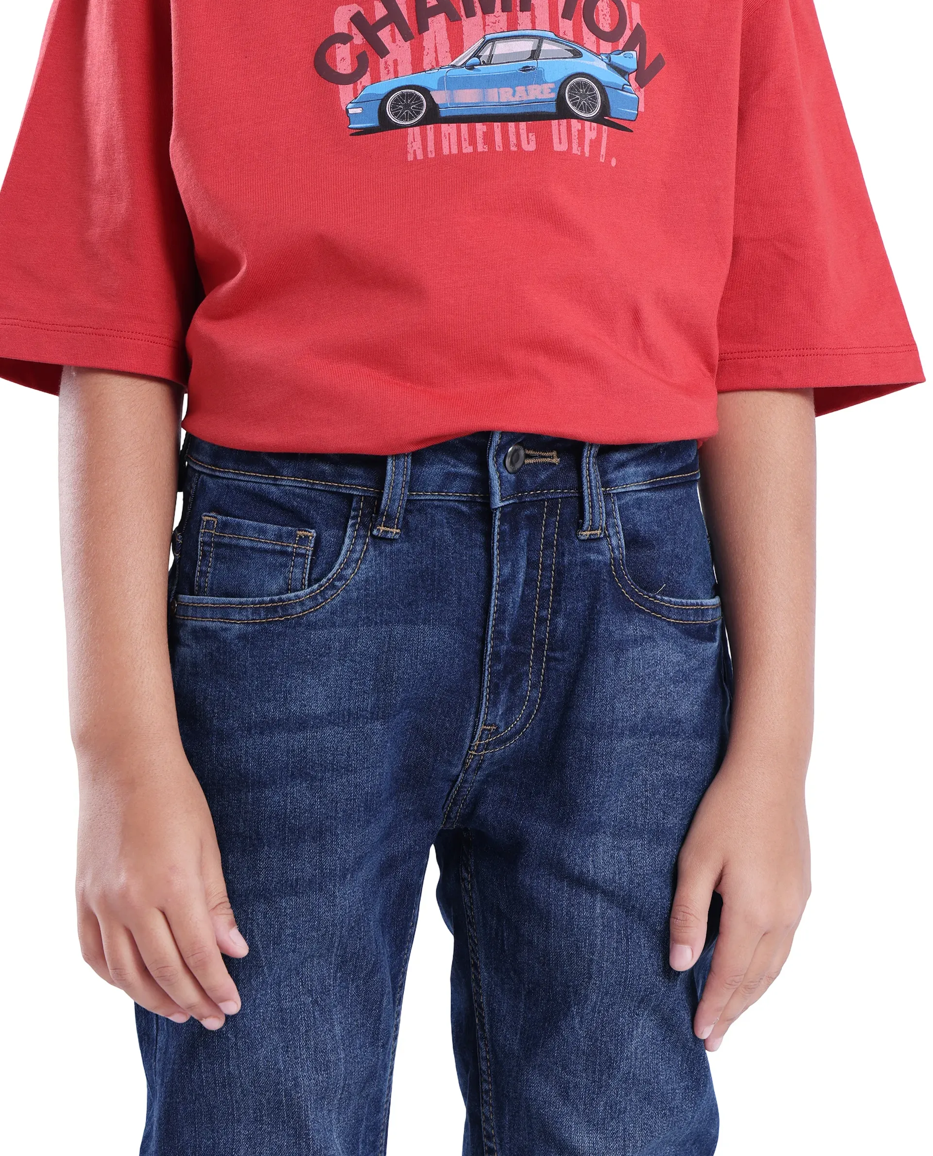Rare Ones Kids Sira Dark Blue Cotton Solid Button And Zip Closure Slim Fit Jeans - Image 2