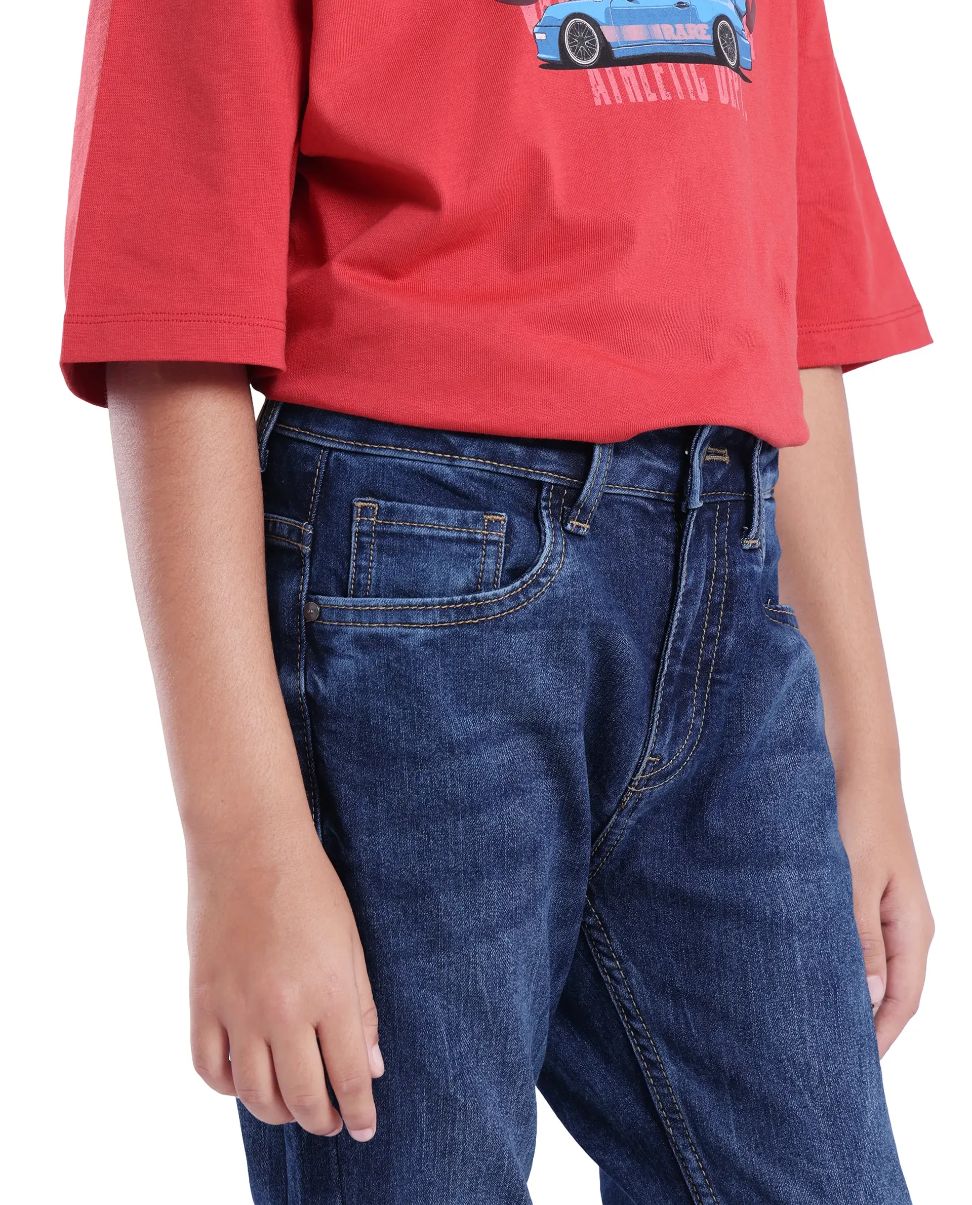 Rare Ones Kids Sira Dark Blue Cotton Solid Button And Zip Closure Slim Fit Jeans - Image 3
