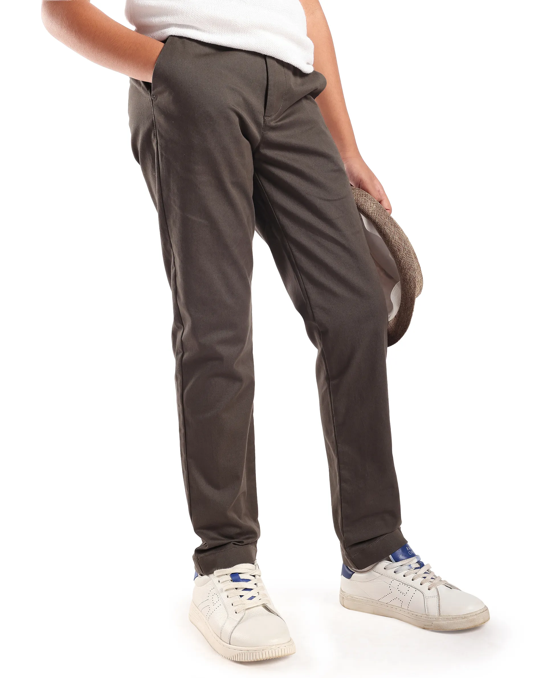 Rare Ones Kids Smart-K Dusky Green Cotton Blend Solid Button And Zipper Closure Regular Fit Trouser - Image 3