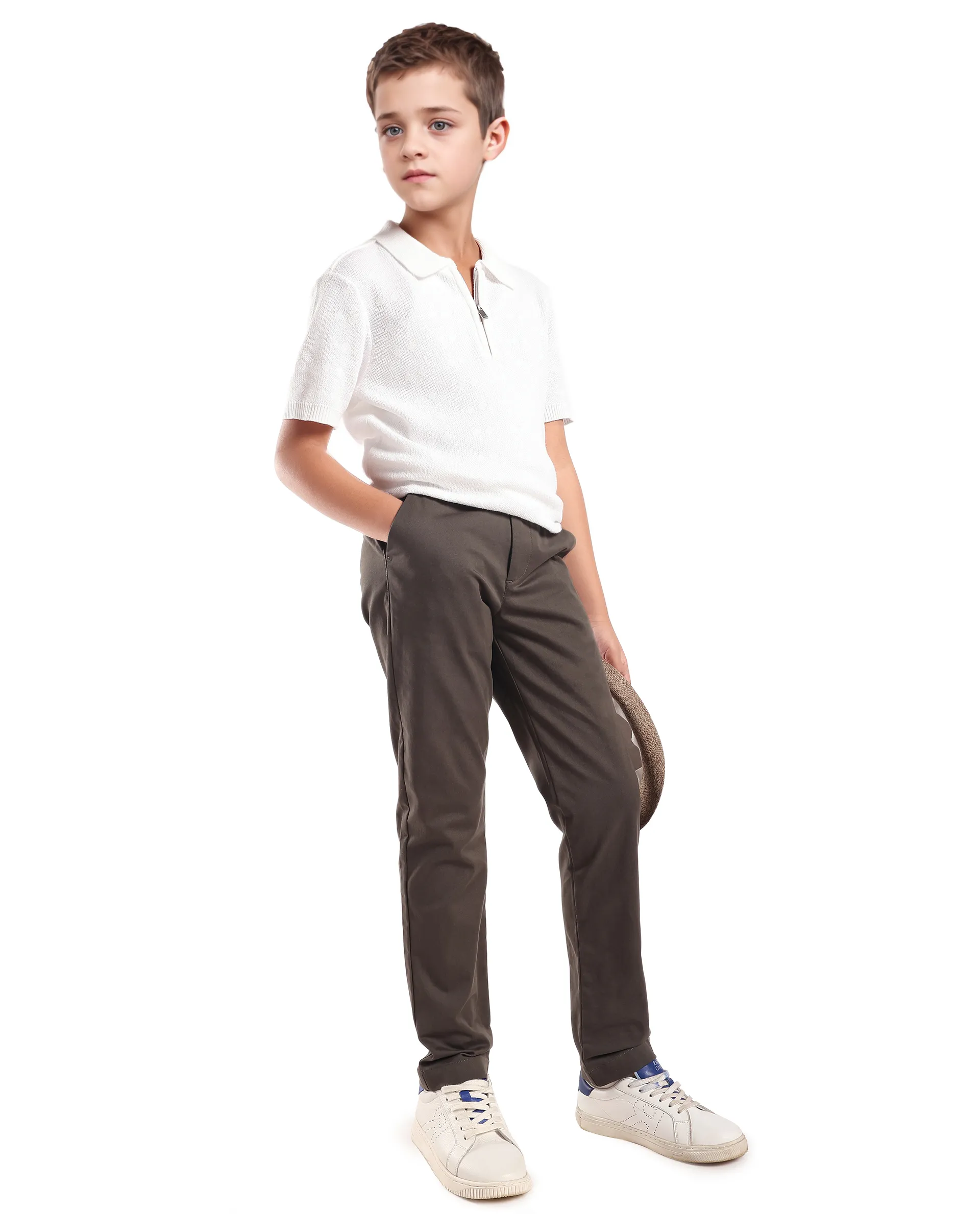 Rare Ones Kids Smart-K Dusky Green Cotton Blend Solid Button And Zipper Closure Regular Fit Trouser - Image 6