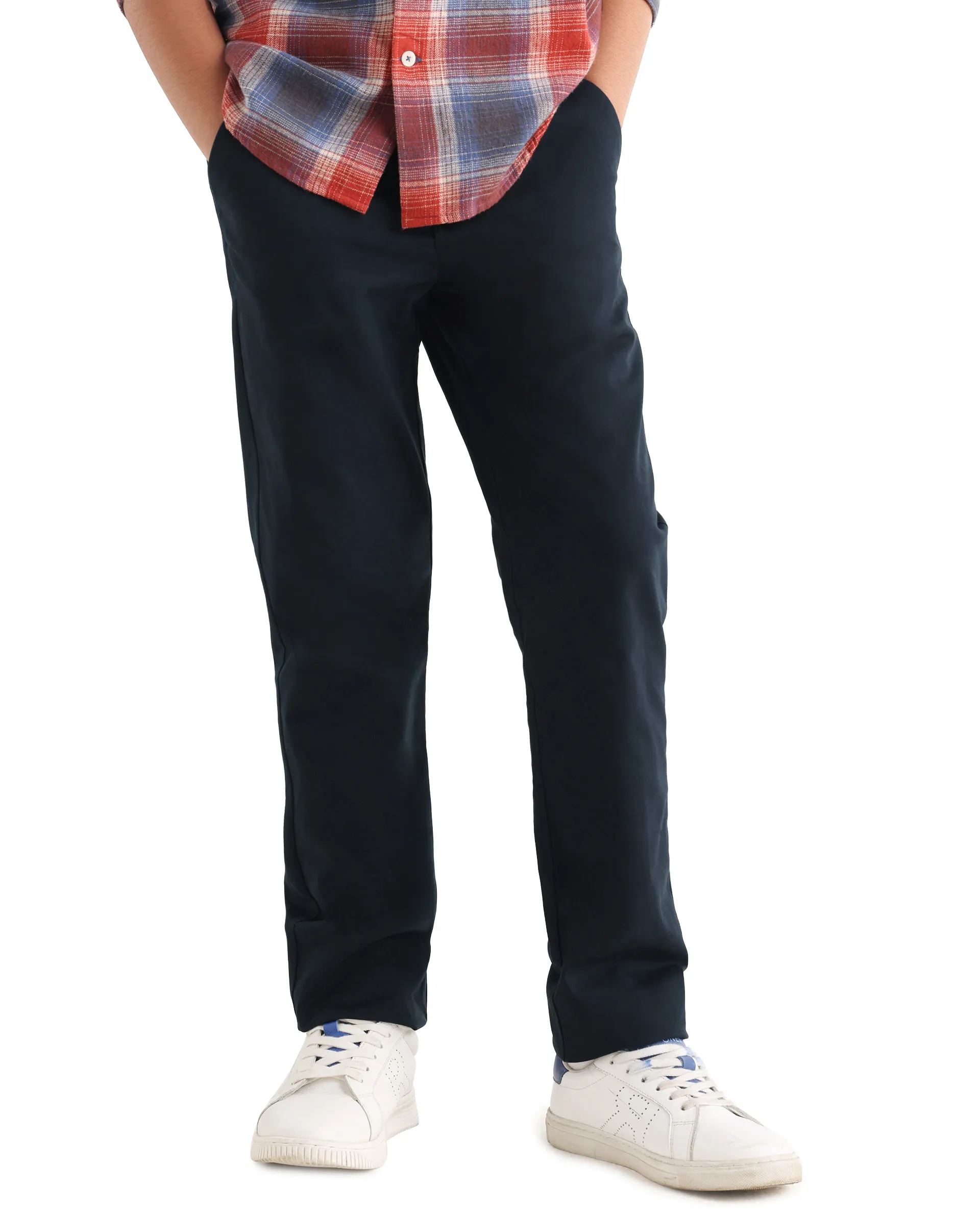 Rare Ones Kids Smart-K Navy Cotton Blend Solid Button Closure Regular Fit Trouser - Image 2