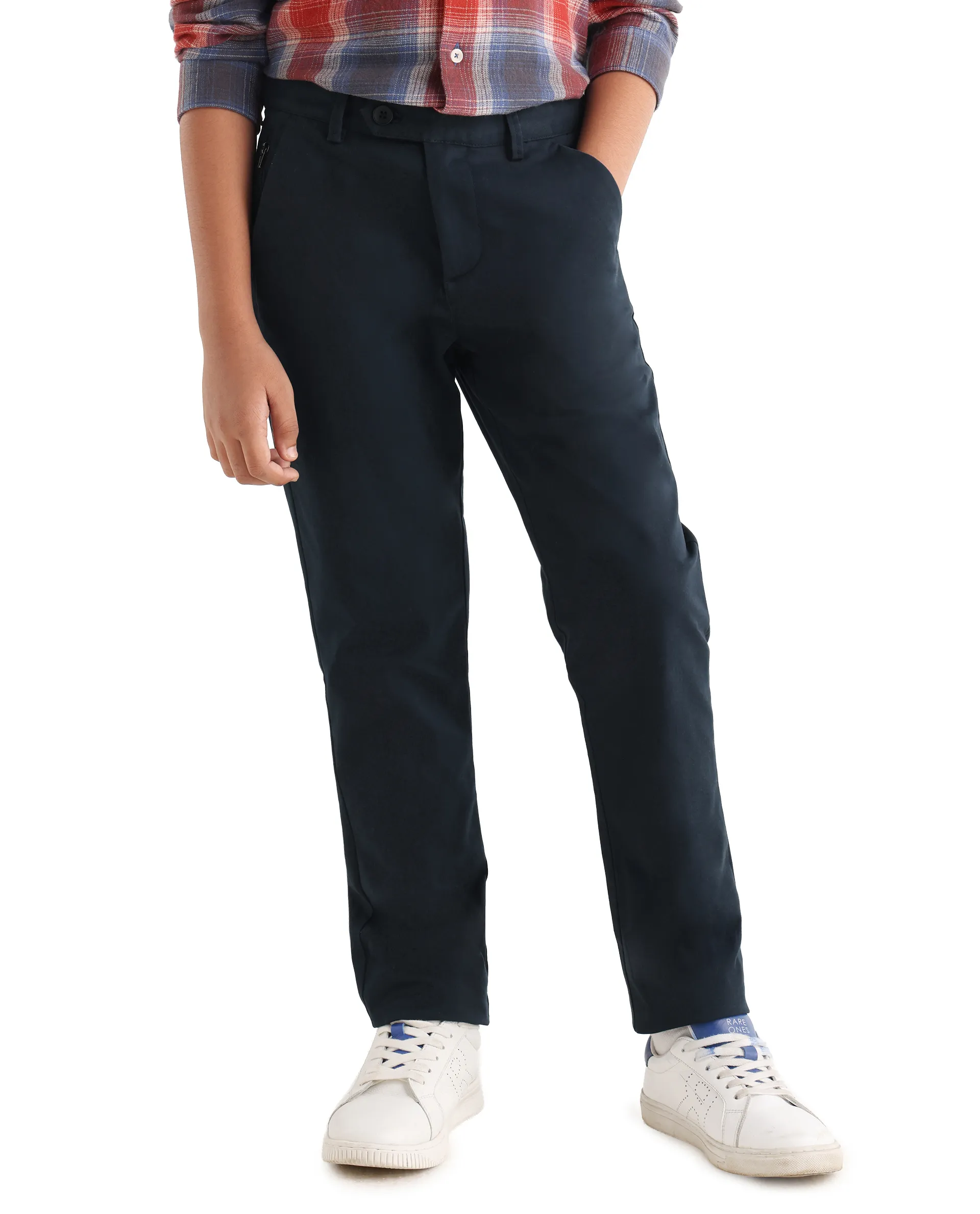 Rare Ones Kids Smart-K Navy Cotton Blend Solid Button Closure Regular Fit Trouser - Image 4